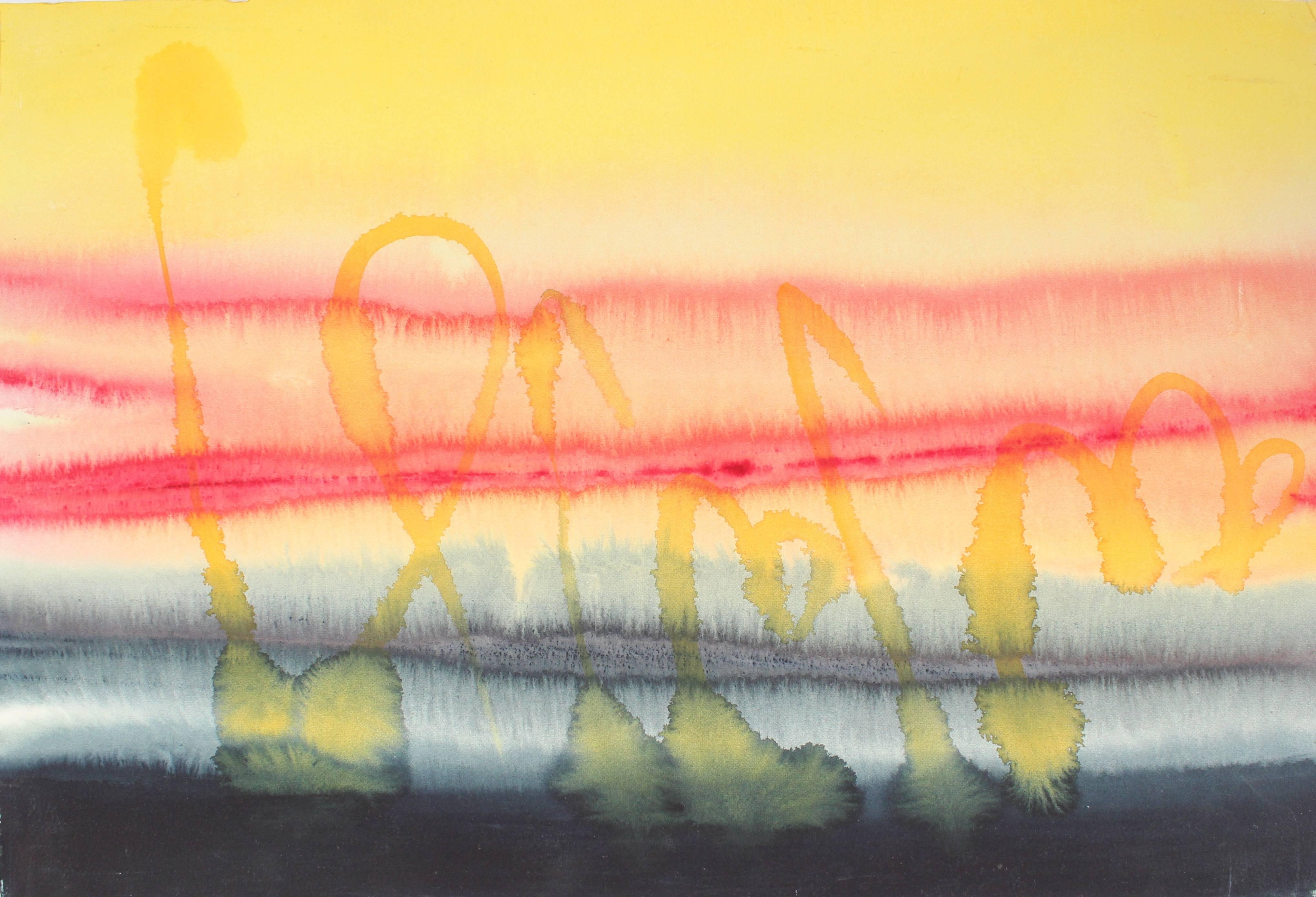 Hugh Wiley Abstract Drawing - Abstracted Sunset Watercolor with Bright Yellow Pink and Blue, Late 20th Century