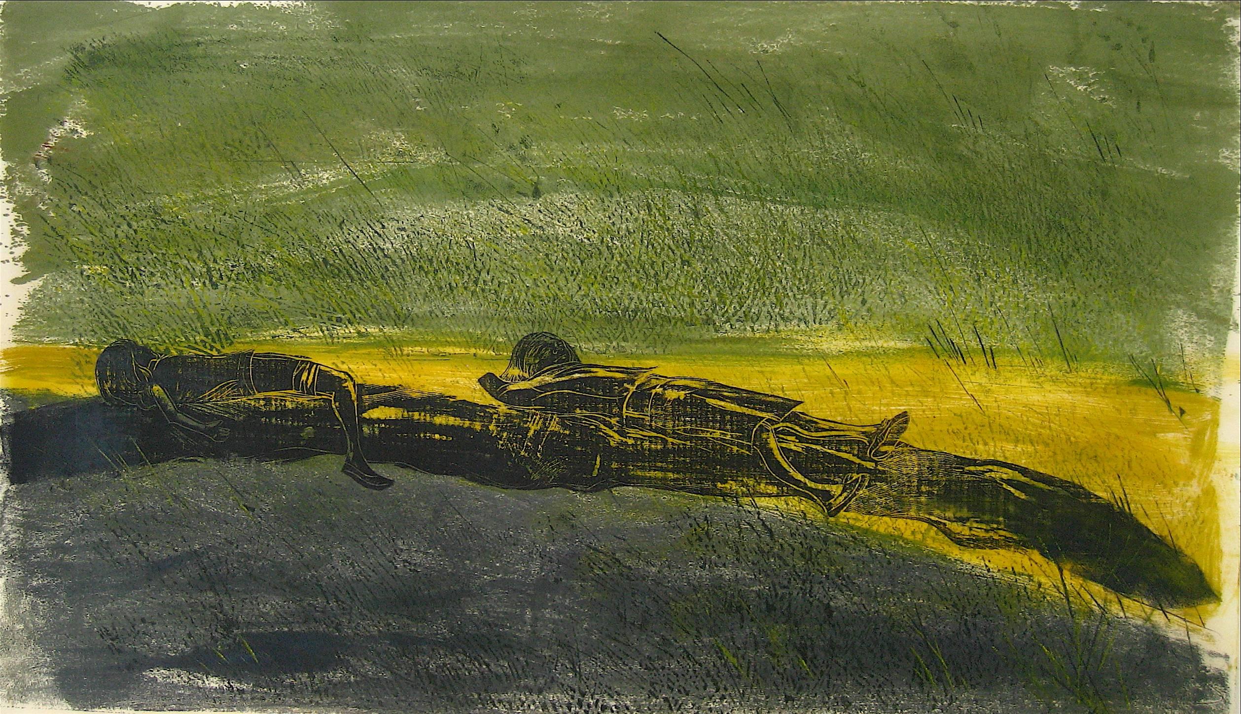 Hope Meryman Portrait Print – Großer abstrahierter Holzschnitt "The Meadow":: 1968