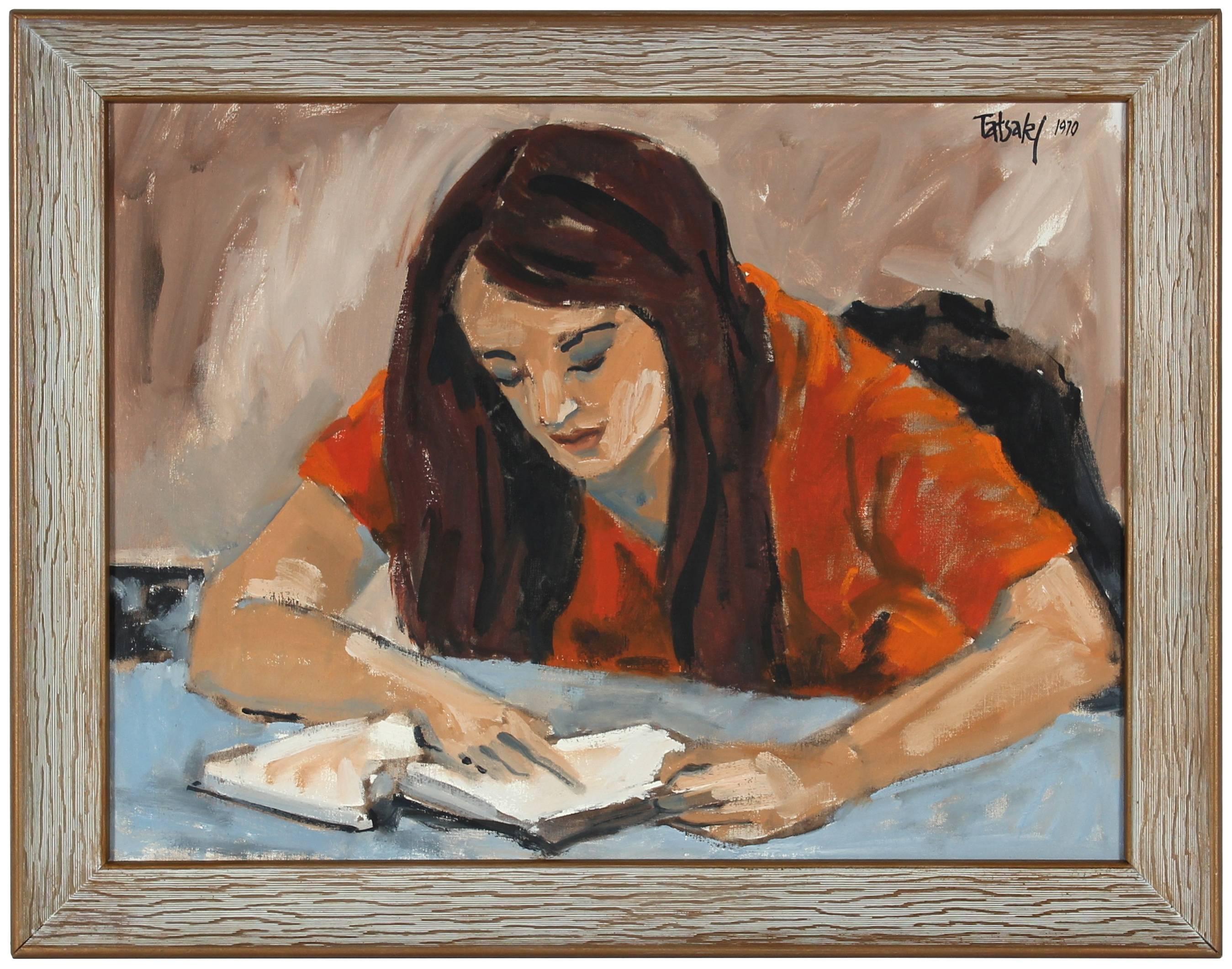 Rip Matteson Portrait Painting - 1970s "Concord, Carla" Portrait of a Woman Reading, Oil on Canvas