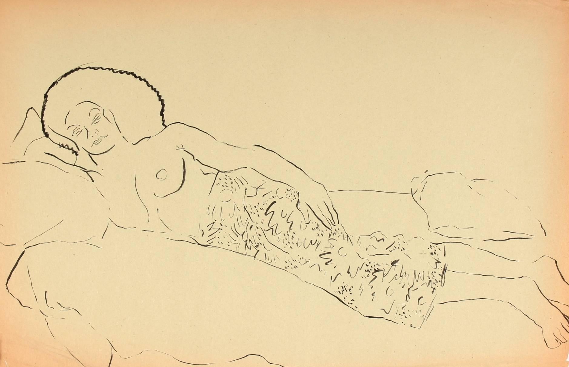 Helen Sewell Rennie Figurative Art - Reclining Female Figure, Pen & Ink Drawing, Circa 1940s