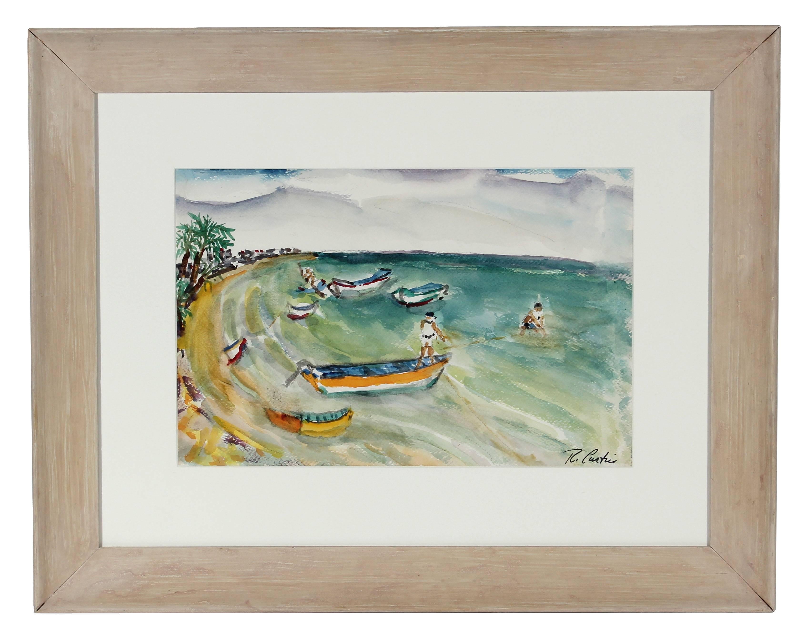 Ross Curtis Landscape Art - Mid Century Watercolor Beach Scene