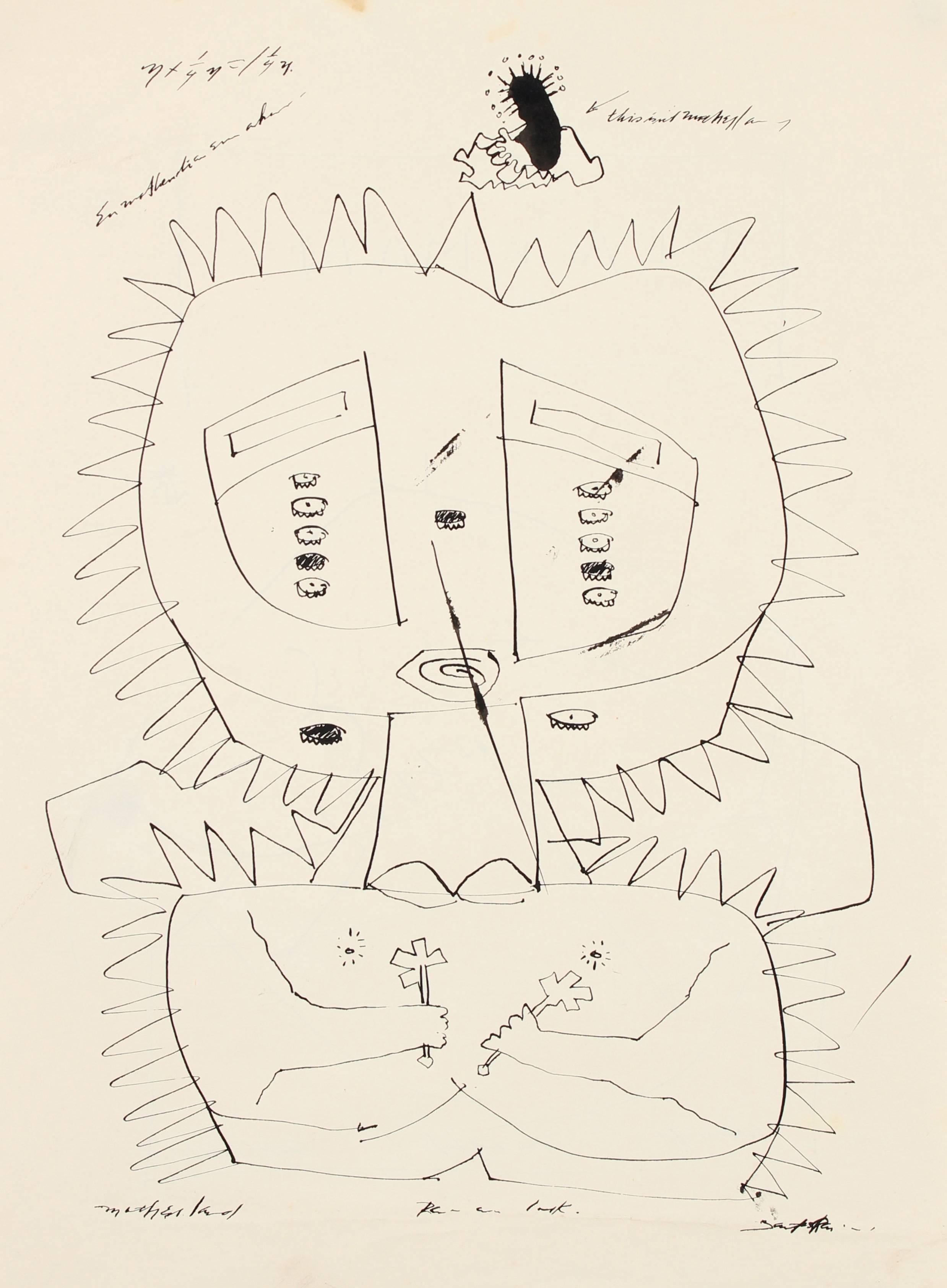 Surrealist Figurative Ink Drawing, 1960s