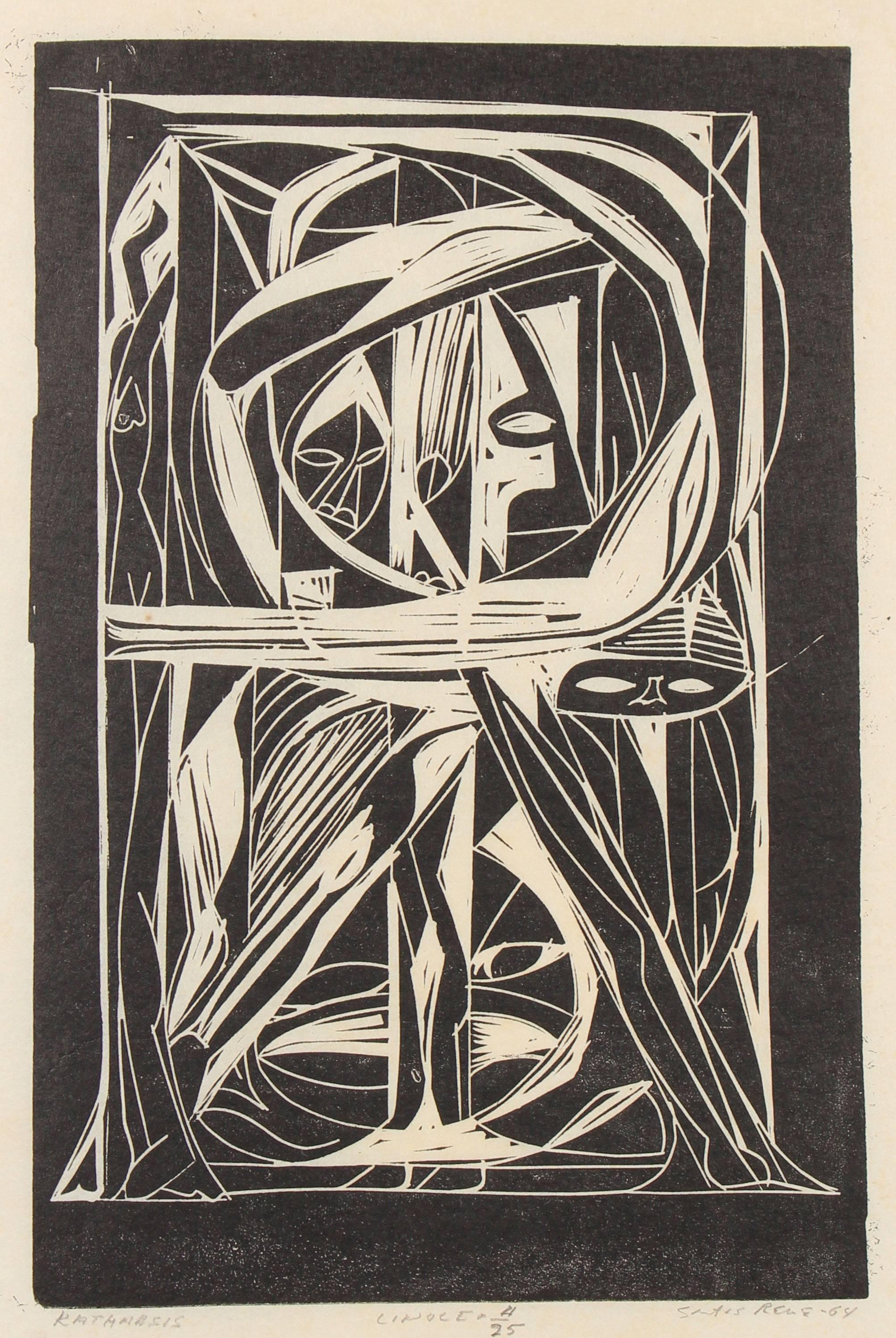 Santos Rene Irizarry Abstract Print - "Katharsis" Modernist Abstract Linocut, Circa 1960