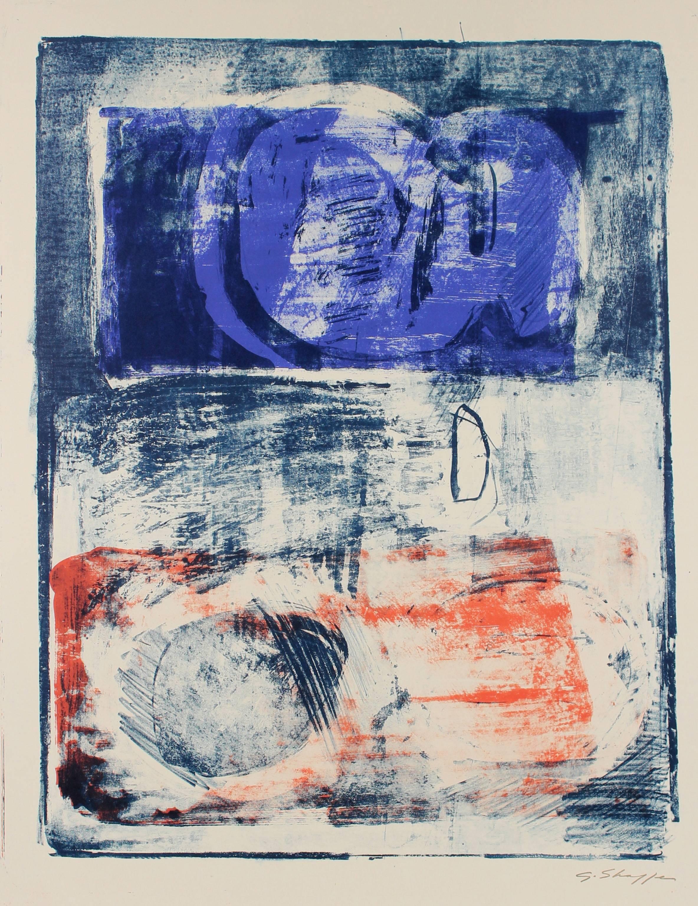 Gary Lee Shaffer Abstract Print - Abstract Expressionist Lithograph in Orange and Blue