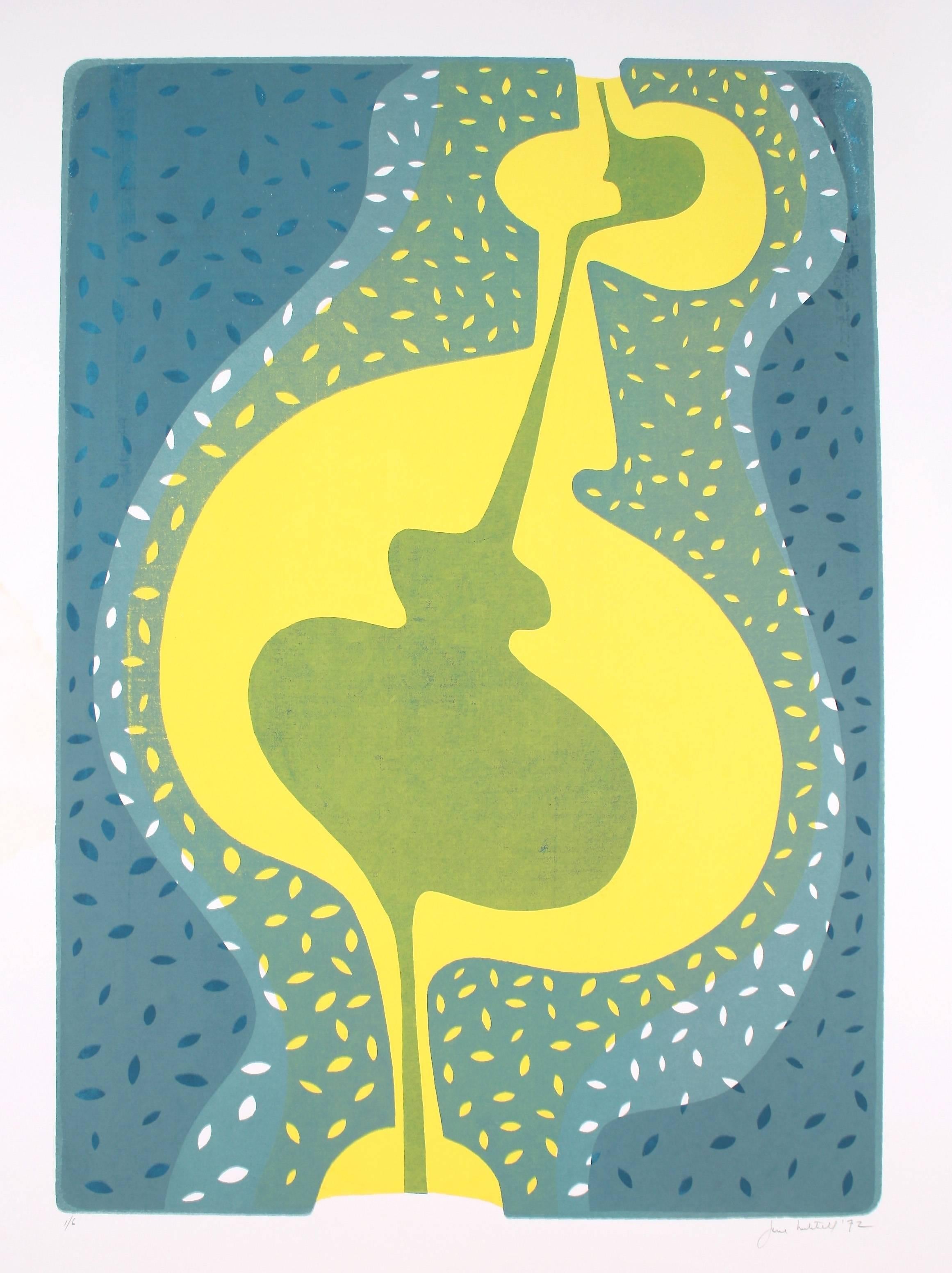 Jane Mitchell Abstract Print - Abstract Serigraph in Blue & Yellow, 1972