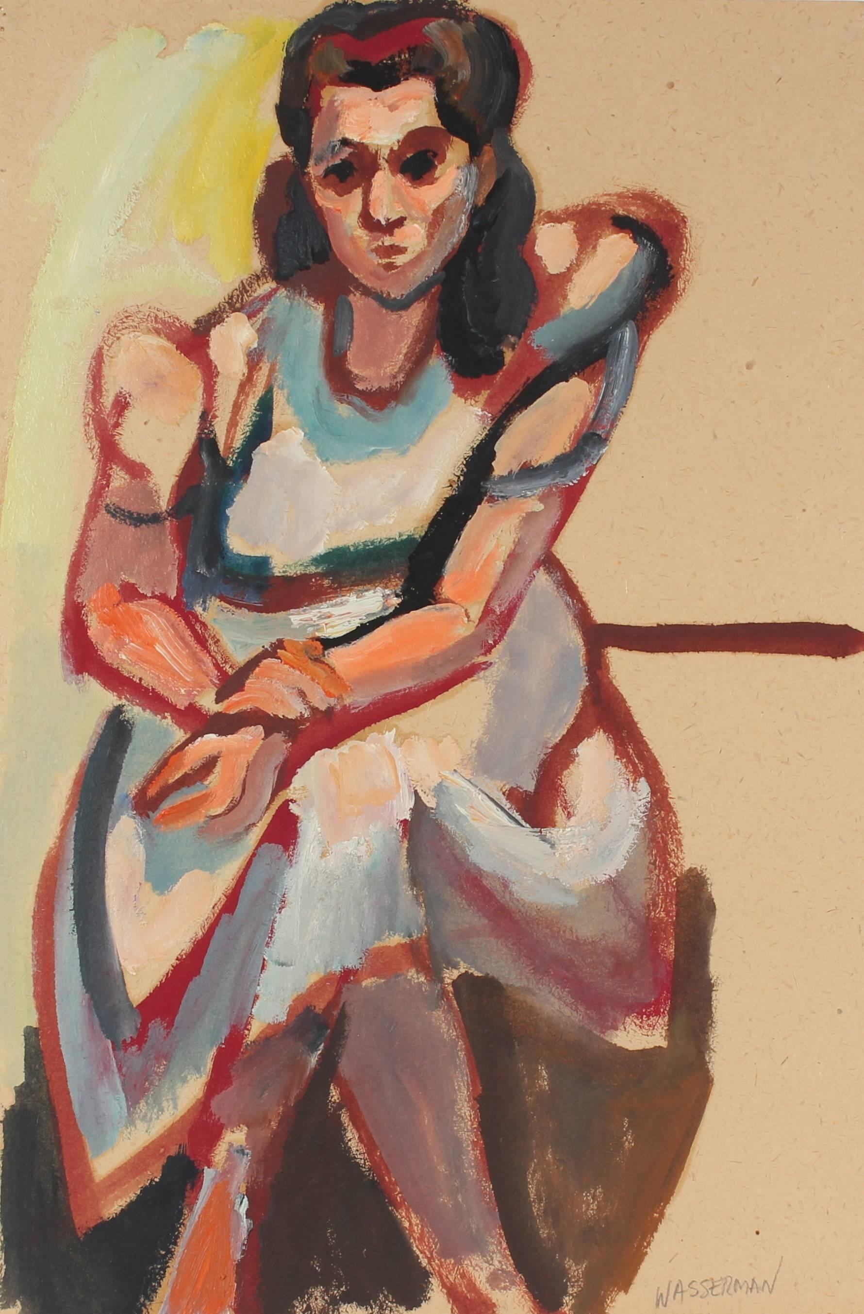 Gerald Wasserman Portrait Painting - Modernist Portrait of a Seated Woman