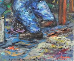 Portrait of a Worker with a Shovel, Pastel on Paper Drawing, 1954