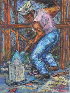 Portrait of a Worker with a Shovel, Pastel on Paper Drawing, 1954