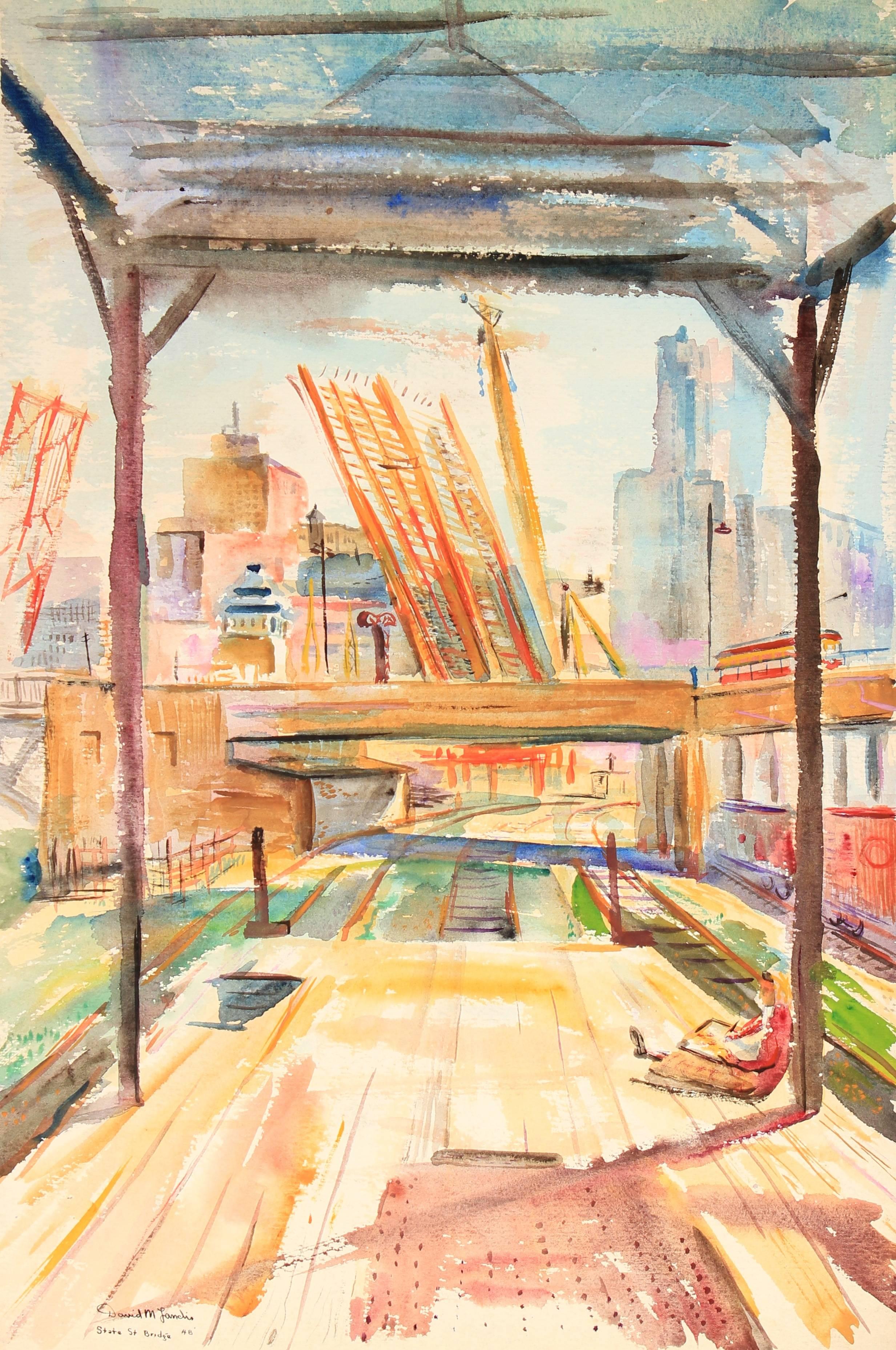 David Landis Landscape Art - "State St. Bridge" Chicago Watercolor Scene, 1948