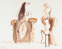 Abstracted Gouache Figures in Brown, Circa 1960s