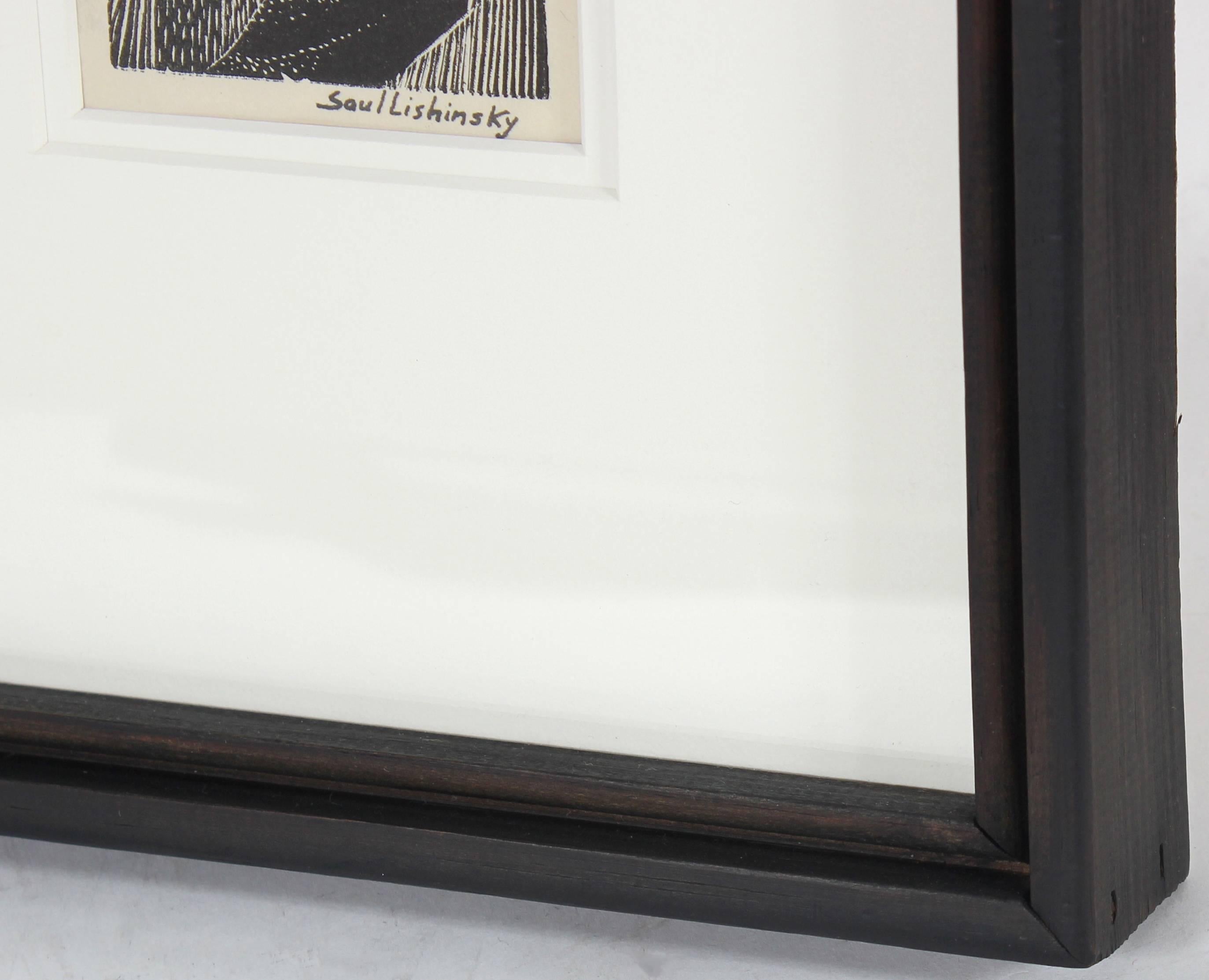 Monochromatic Modernist Figures, Linoleum Block Print on Paper - Beige Figurative Print by Saul Lishinsky