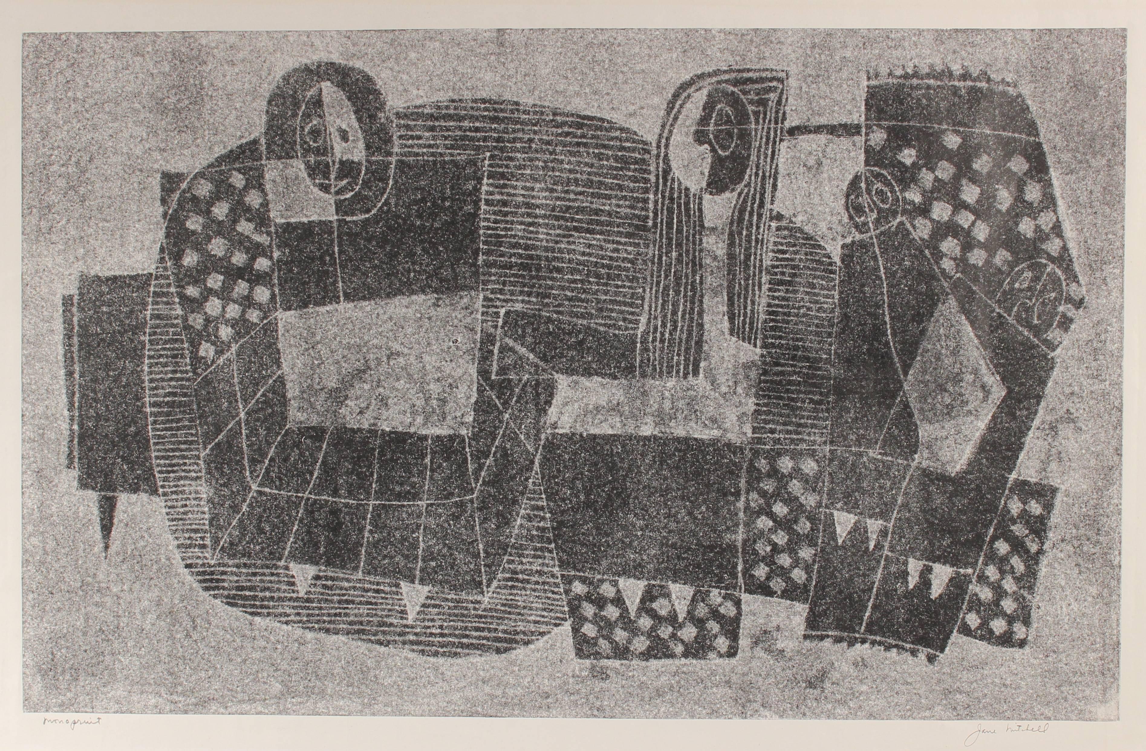 Jane Mitchell Figurative Print - Monochromatic Bauhaus Cubist Figures, Monotype Print on Paper, Circa 1970s