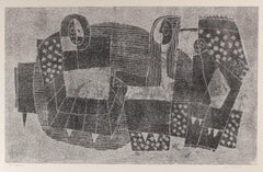 Monochromatic Bauhaus Cubist Figures, Monotype Print on Paper, Circa 1970s