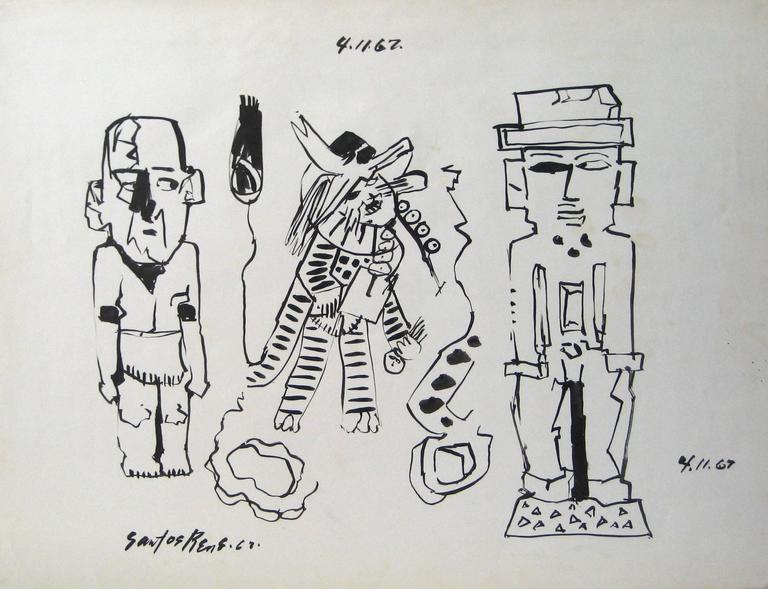 Santos Rene Irizarry Portrait - Three Modernist Figures in Ink, 1967