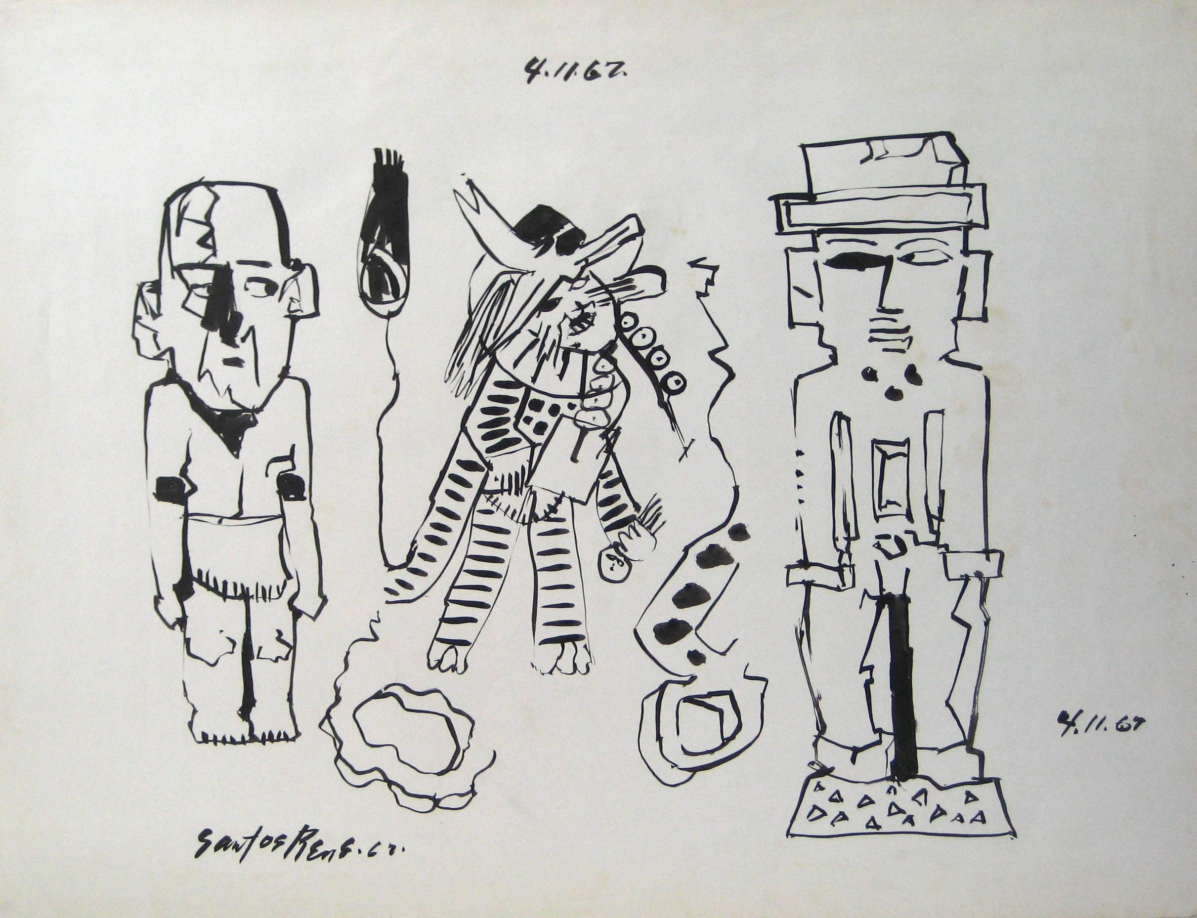 Santos Rene Irizarry Figurative Painting - Three Modernist Figures in Ink, 1967