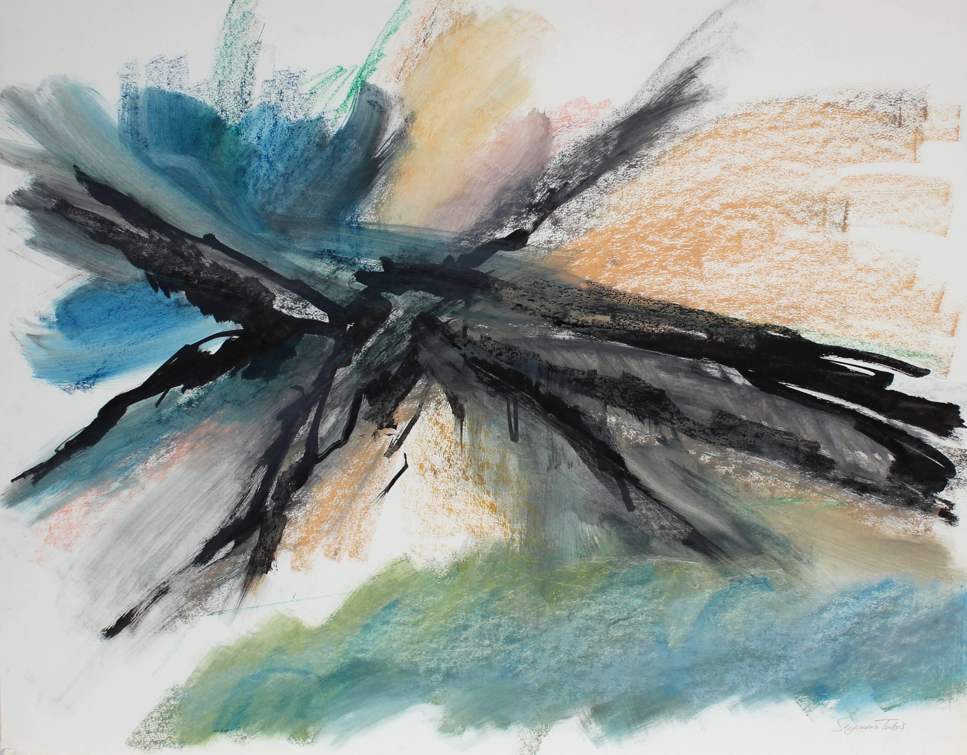 Seymour Tubis Landscape Art - Abstracted Mountain Range, Ink and Pastel, 1961