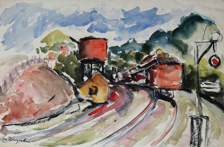 Richard Van Wingerden Landscape Art - Northern California Train Tracks in Watercolor, Circa 1950s