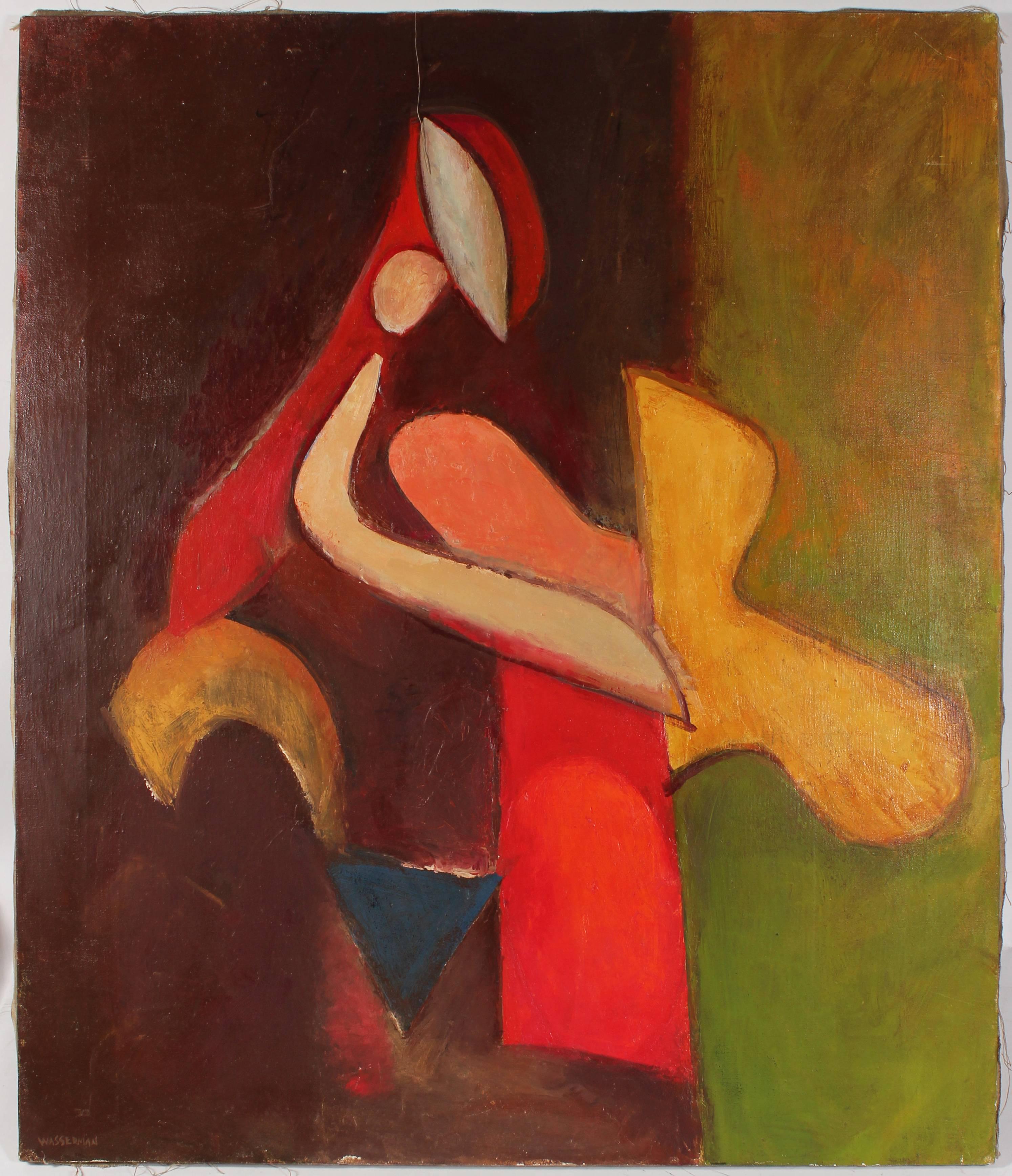 Gerald Wasserman Abstract Painting - Colorful Cubist Figurative in Oil on Canvas, Mid 20th Century