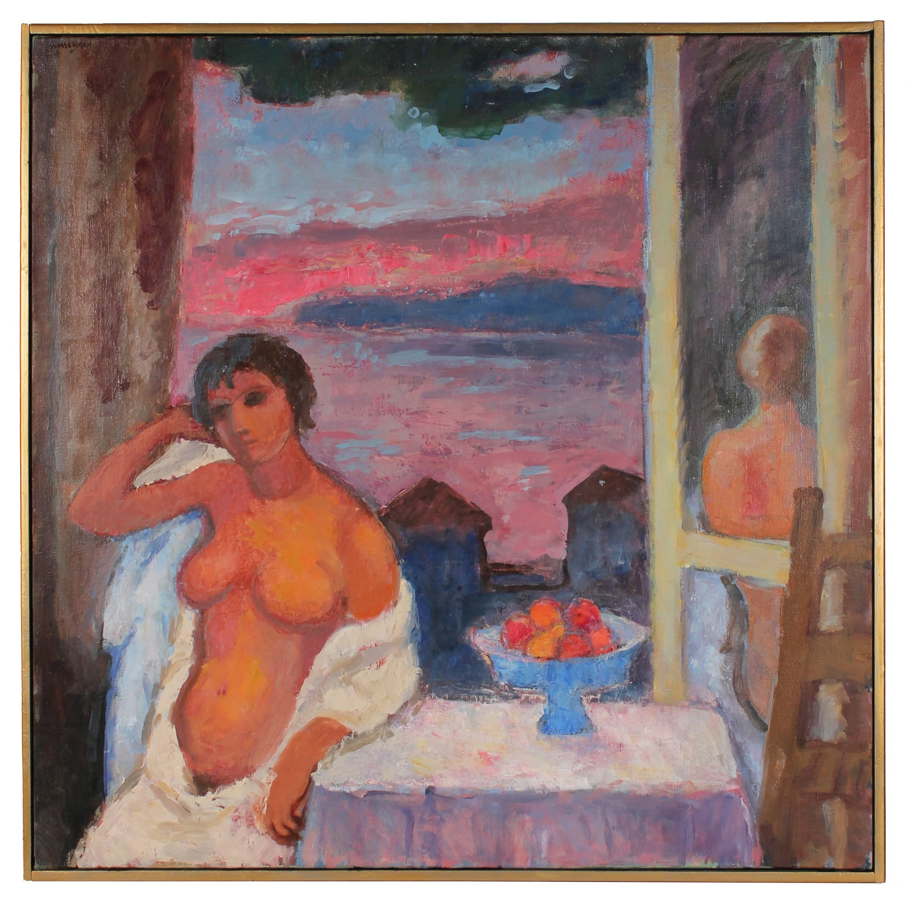 Gerald Wasserman Interior Painting - "Cannery Row Nude" Sunset Landscape Oil Painting, 20th Century