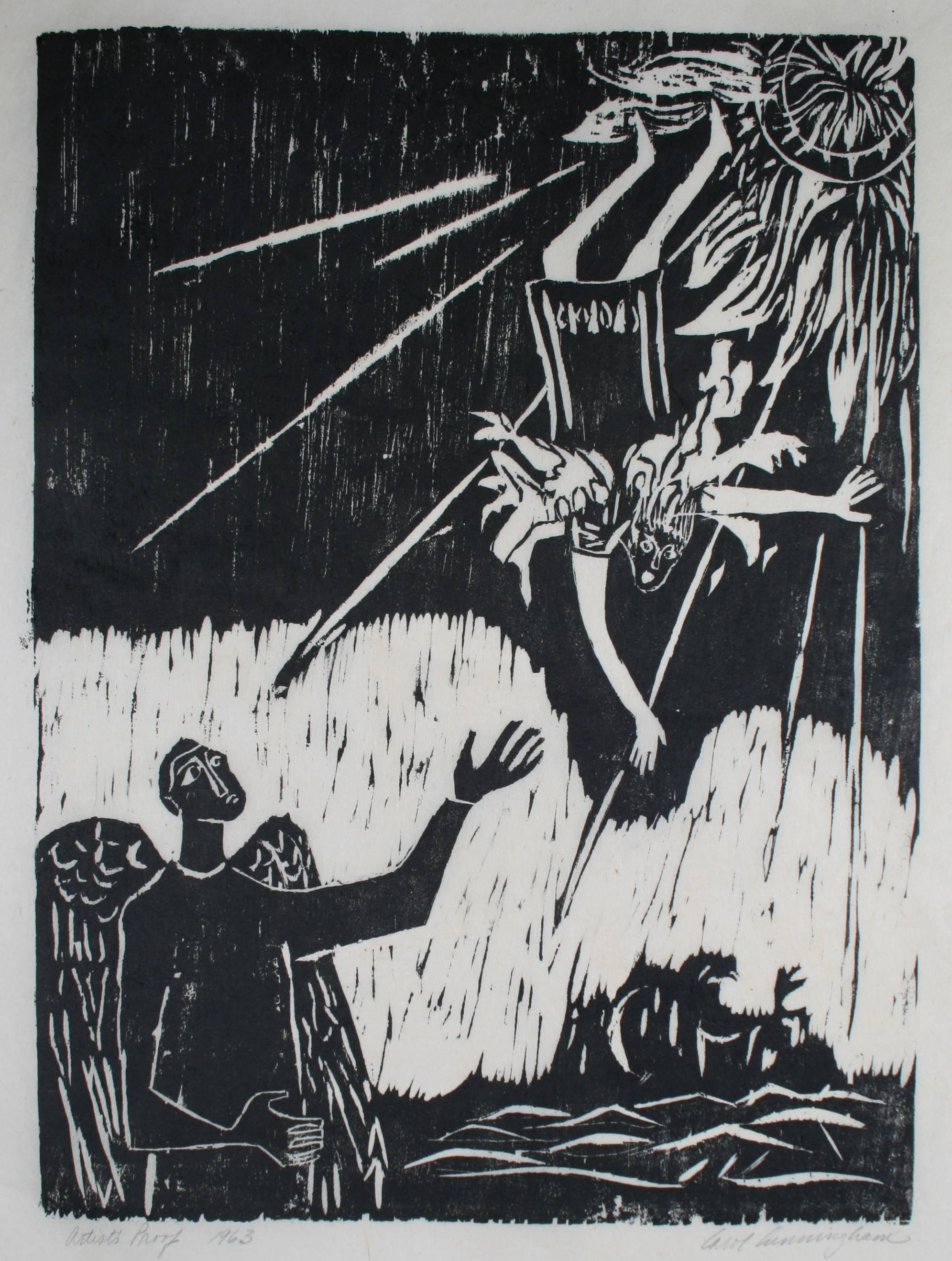Carol Cunningham Figurative Print - "Daedalus & Icarus" Figurative Woodcut Print, 1963