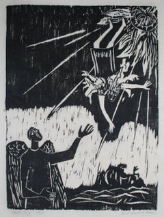 "Daedalus & Icarus" Figurative Woodcut Print, 1963