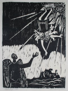 Vintage "Daedalus & Icarus" Figurative Woodcut Print, 1963
