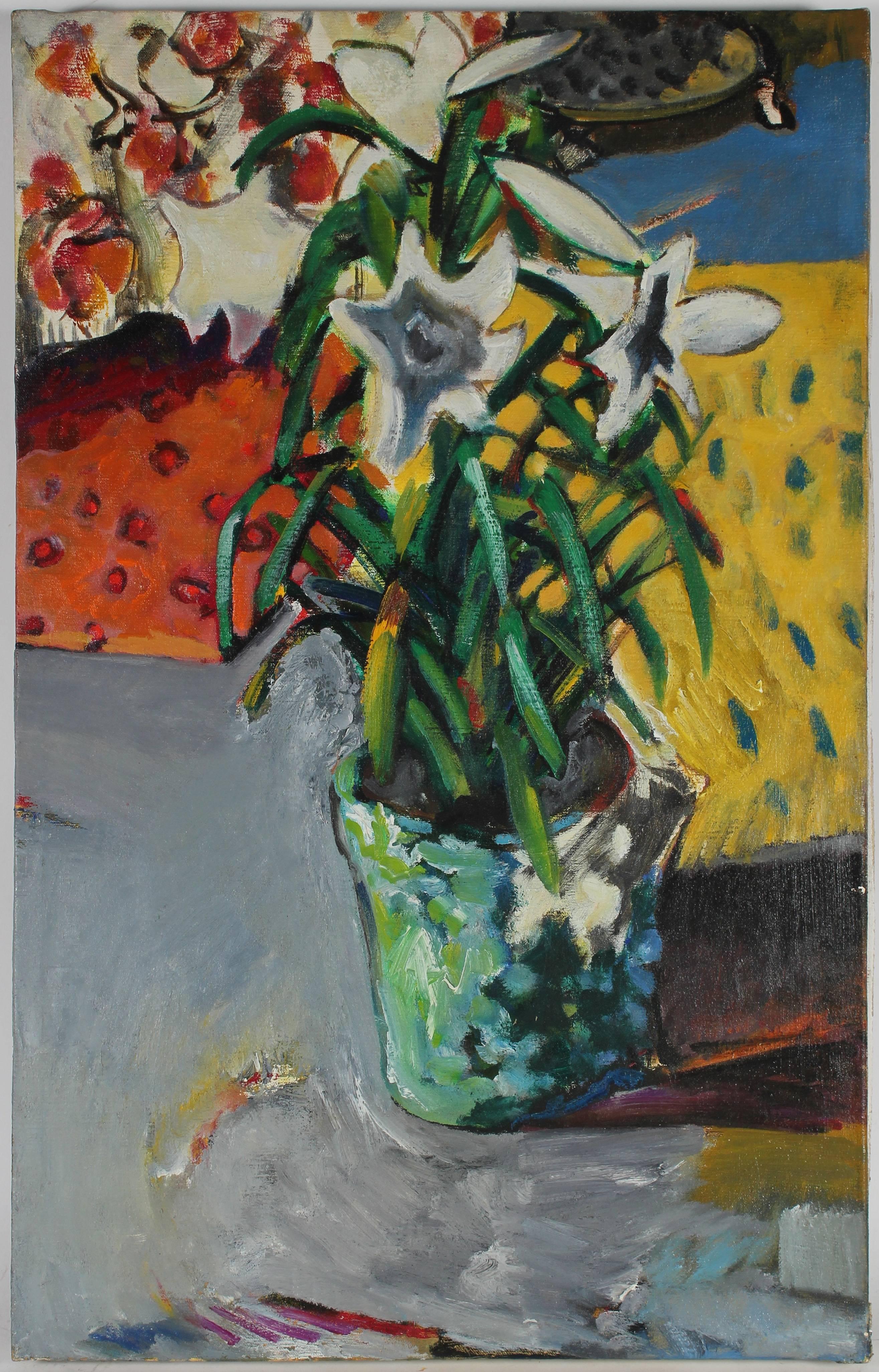 Jack Freeman Still-Life Painting - "Floor Flowers" Modernist Still Life with Lilies, 1971