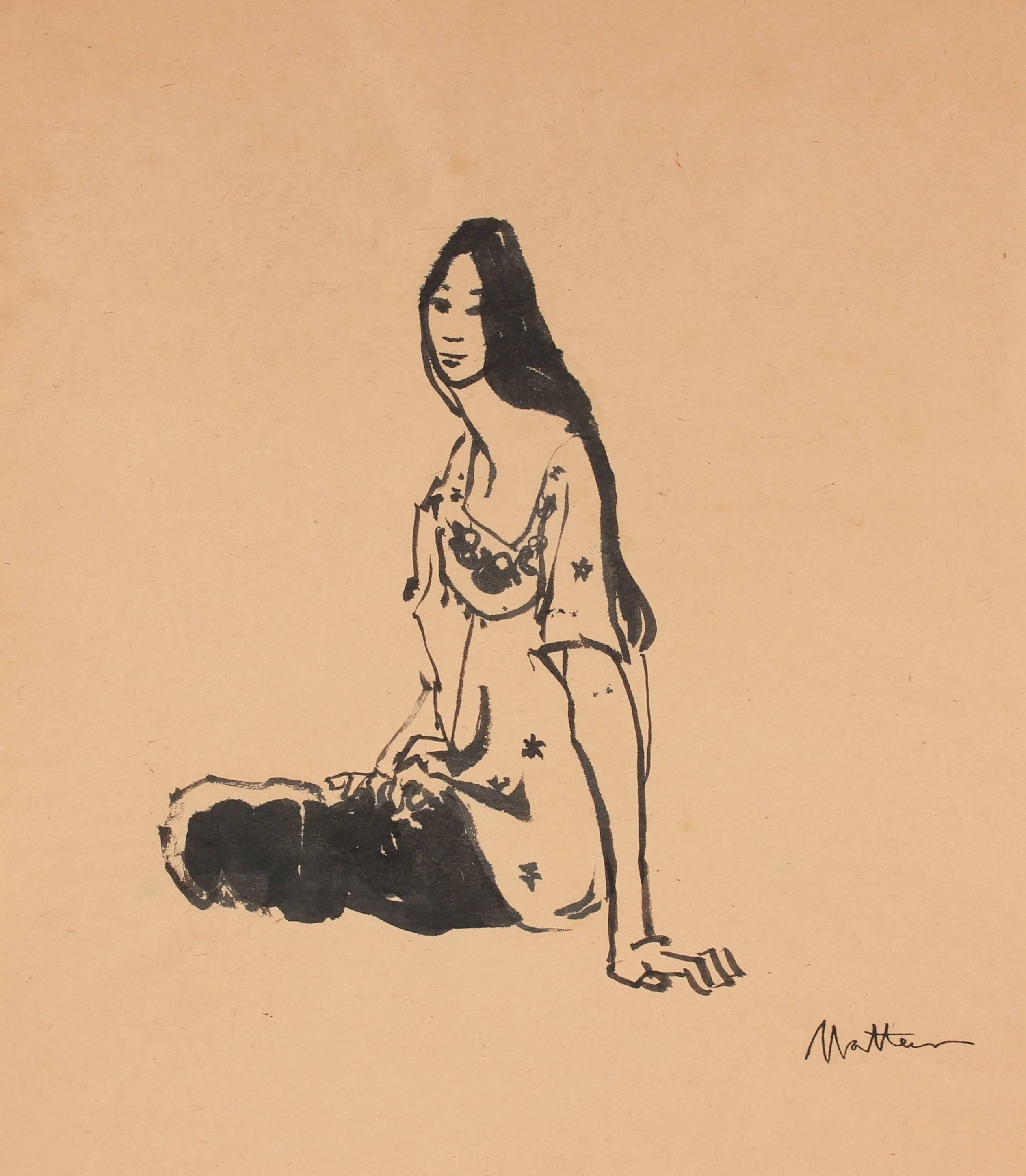 Rip Matteson Portrait - Seated Woman in Ink, Circa 1960s
