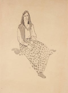 Seated Hippie Girl Portrait, Ink on Paper, Circa 1970s