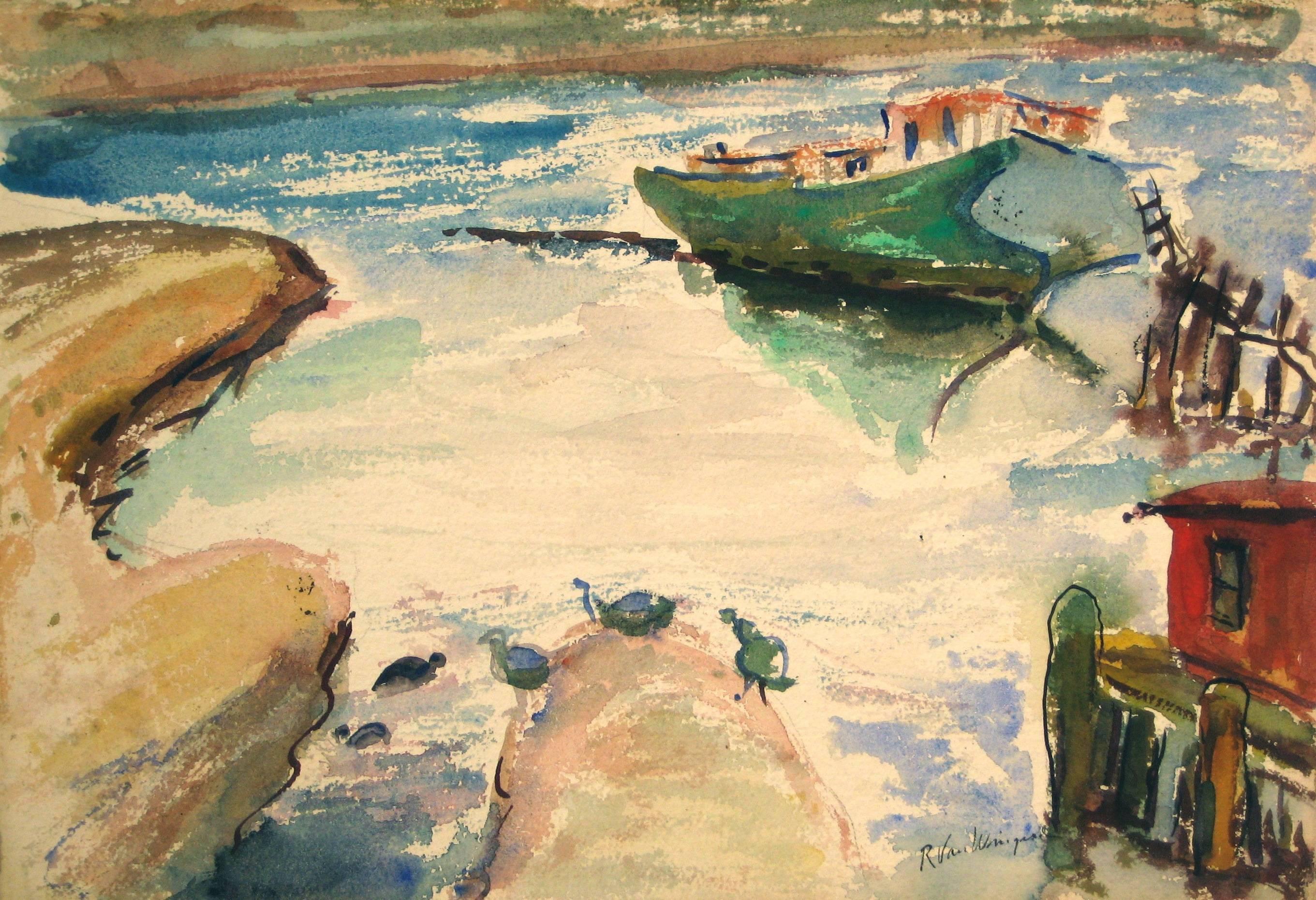 Richard Van Wingerden Landscape Art - Bay Area Harbor, Watercolor Painting, Circa 1950s