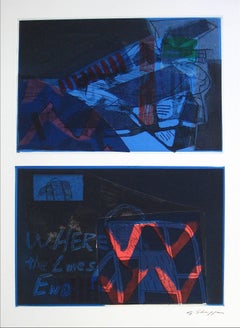 Expressionist Mixed Media Print in Blue, 1994