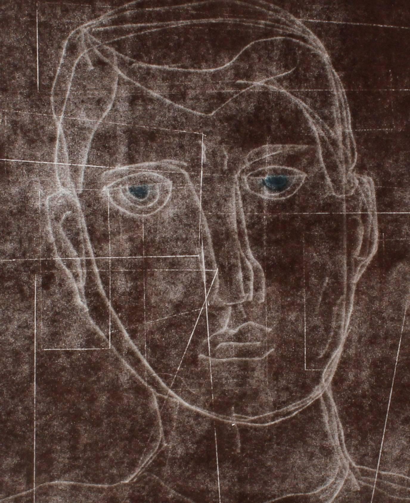 "Self Portrait I" Monoprint and Gouache Painting in Brown, 2014 - Art by Rob Delamater