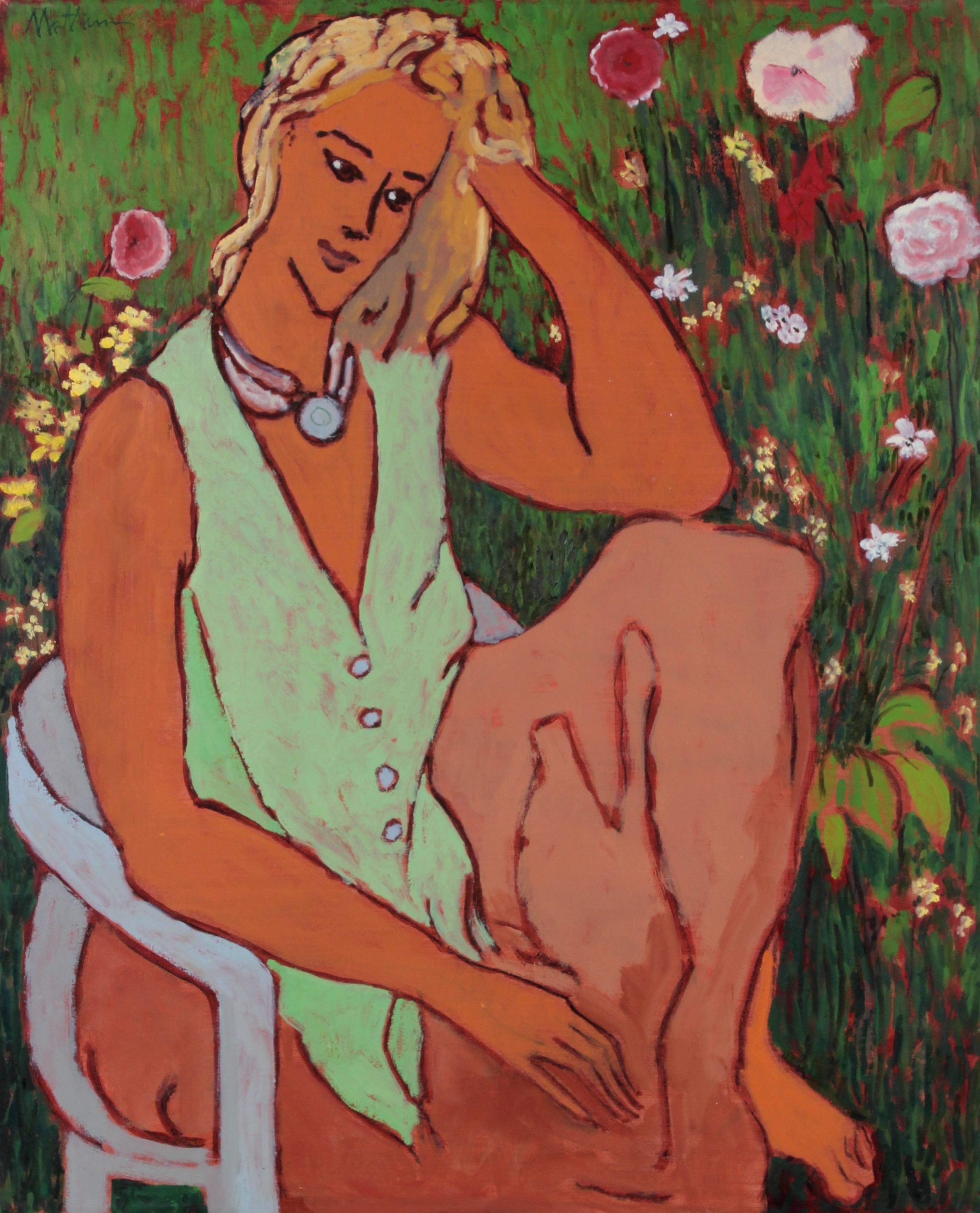 Rip Matteson Portrait Painting - Seated Portrait of a Woman in a Garden, Oil on Canvas Painting, 20th Century