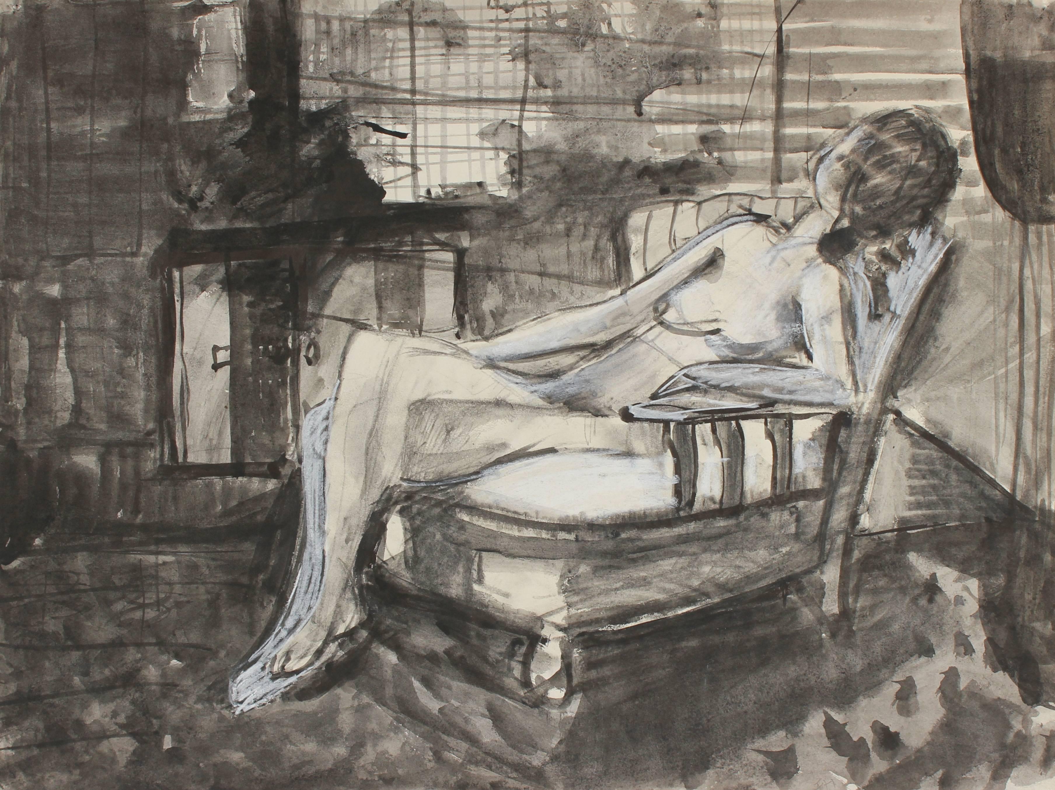 Monochromatic Bay Area Figurative Nude in Charcoal and Ink, 1971