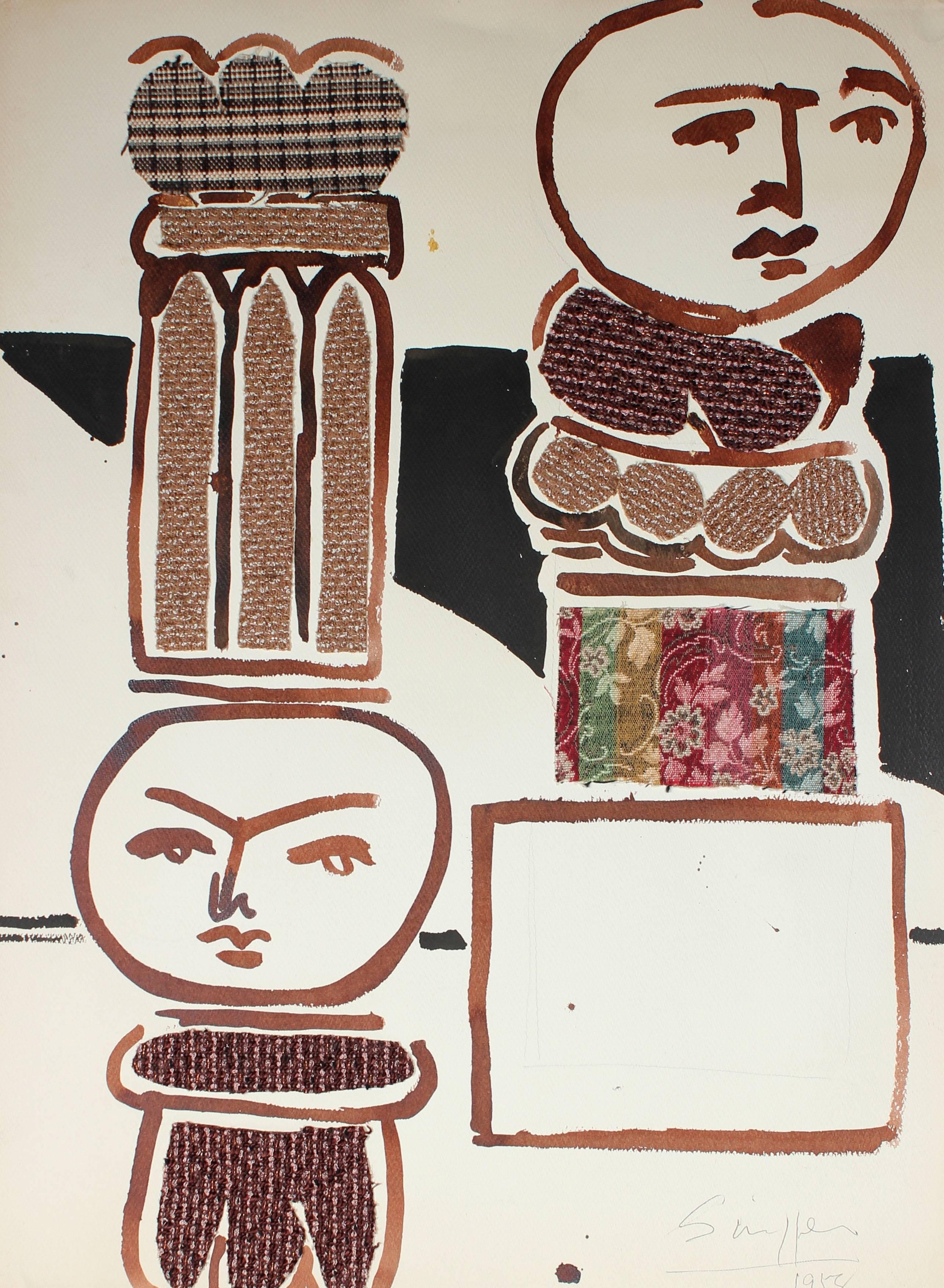 Martin Snipper Portrait - Abstracted Columns, Textile and Watercolor Collage, 1958