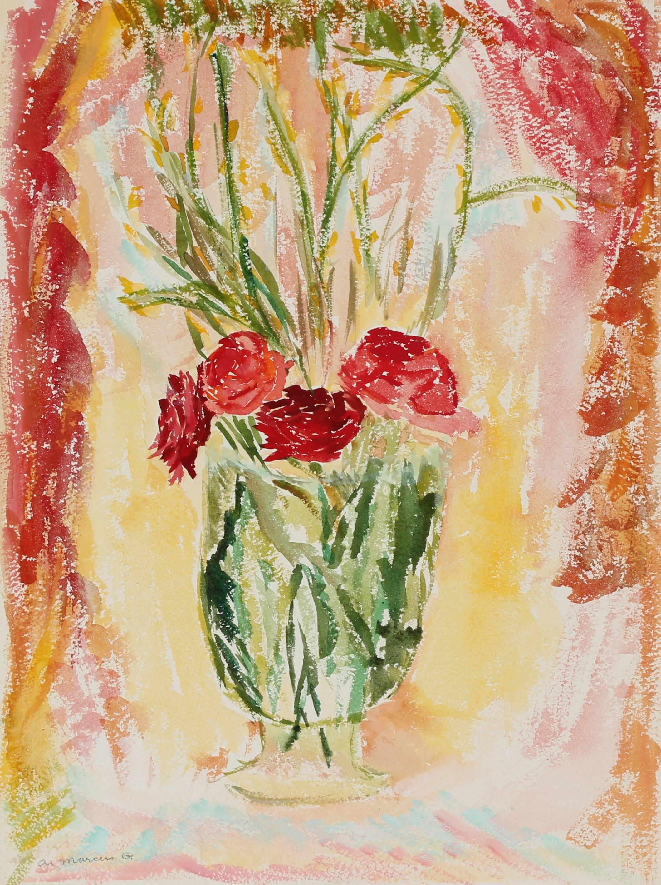 Anne Granick Still-Life - "Red Flowers in a Vase" Watercolor Still Life, Circa 1970s