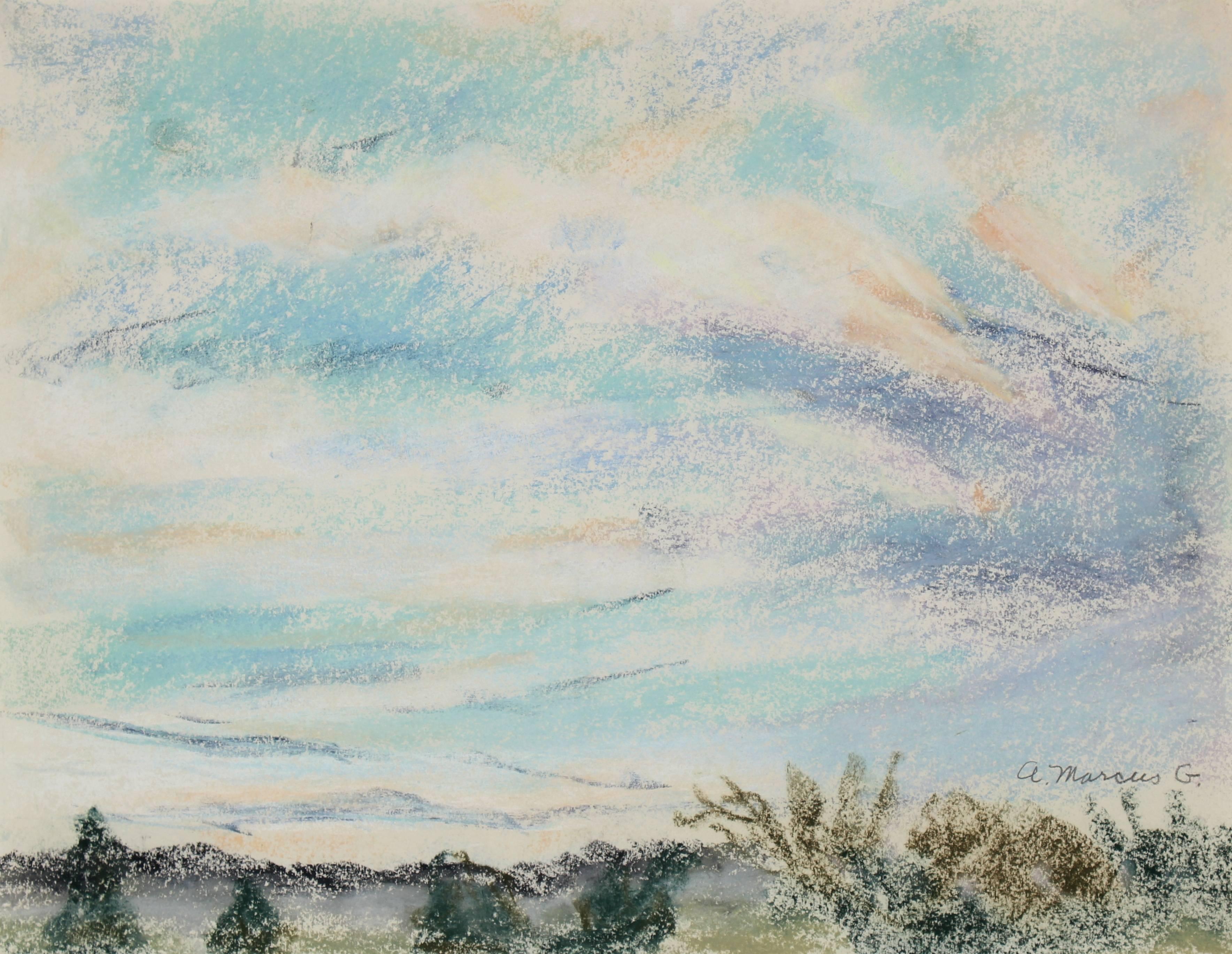 Anne Granick Landscape Art - "Saratoga Springs" Pastel Landscape in Sky Blue, 1966