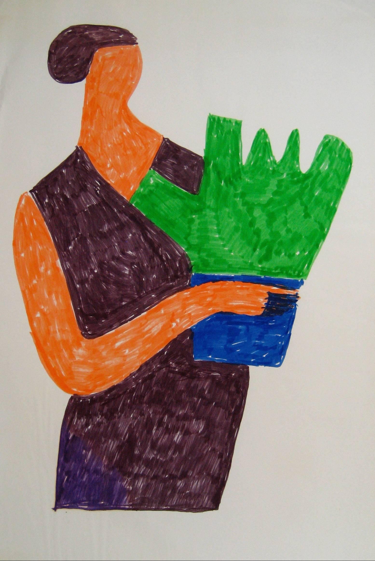 Dellard Cassity Portrait - Abstracted Woman with Plant in Orange Green Blue, Felt Marker Drawing, 1970s