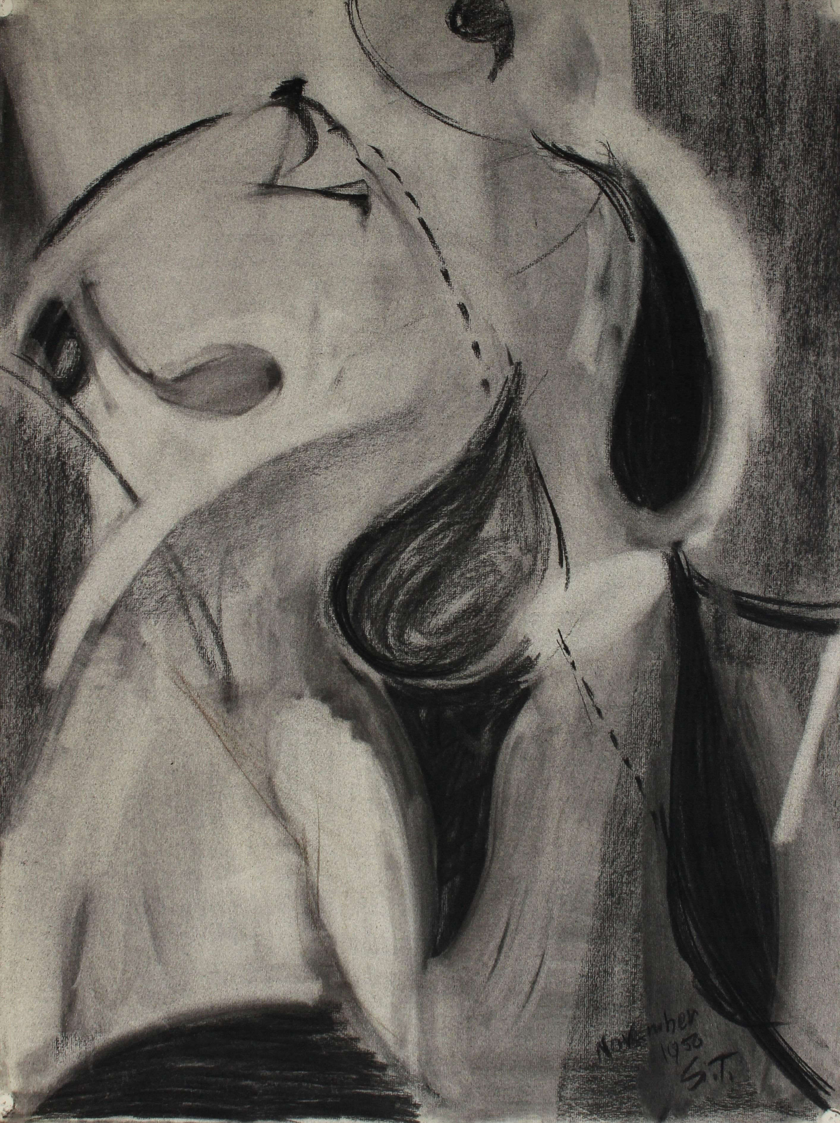 Seymour Tubis Abstract Drawing - 1950s "New York" Monochromatic Abstract in Charcoal