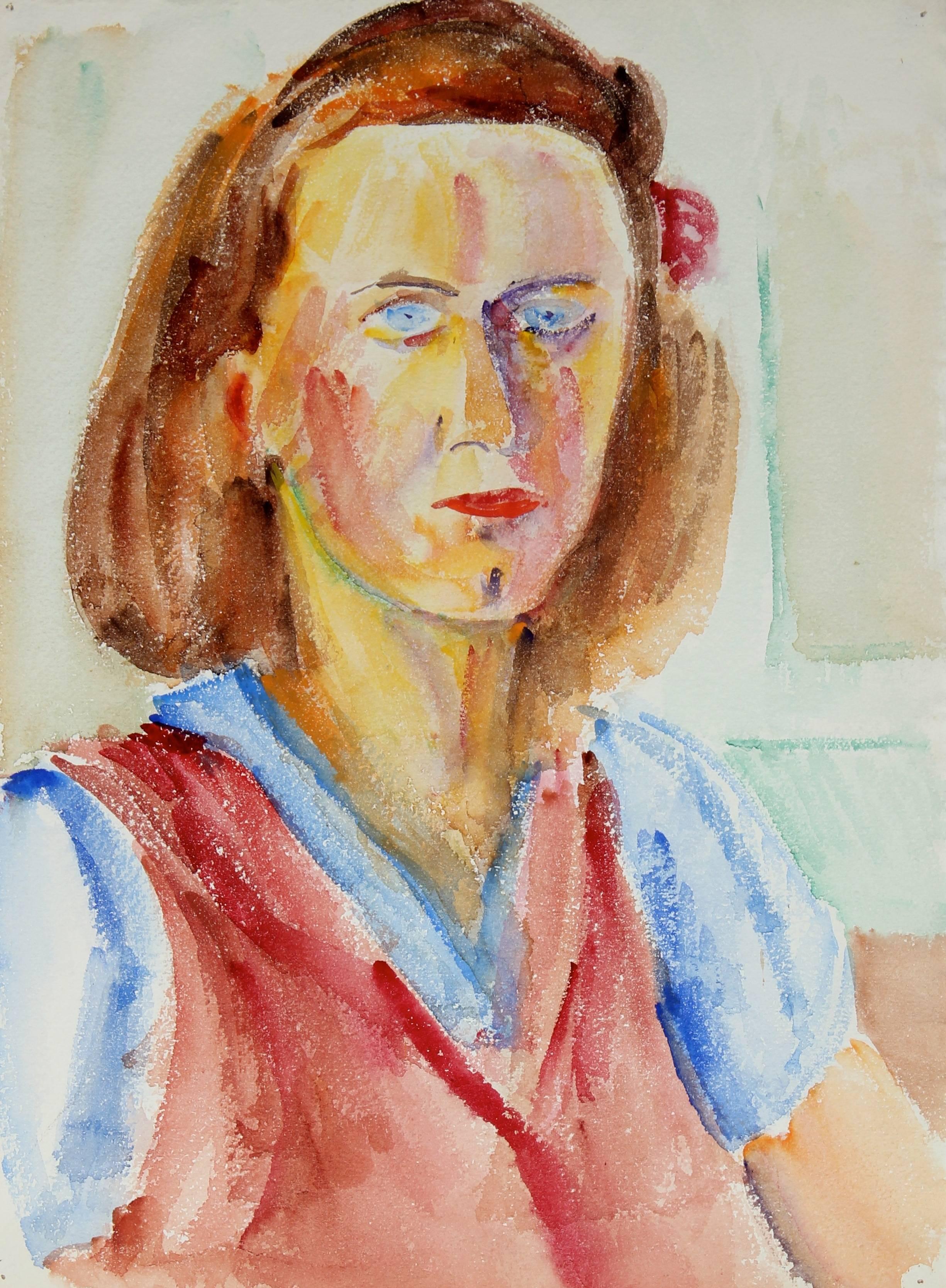 Expressionist Female Portrait in Watercolor, Mid 20th Century