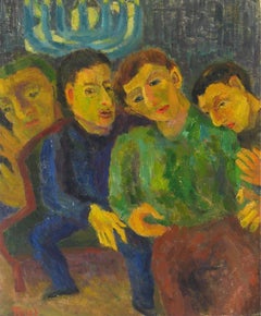 Expressionist Hanukkah Scene with Menorah, Oil on Canvas, 1956