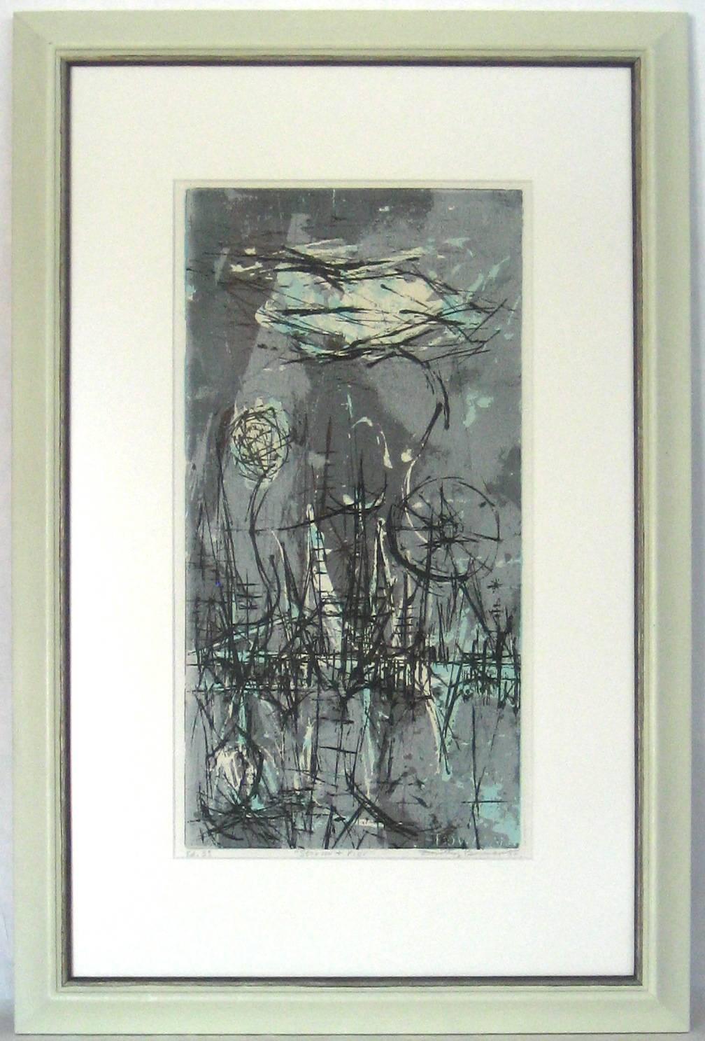 Dorothy Bowman Abstract Print - "Storm & Pier" Modernist Abstract