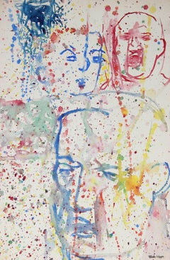 Modernist Paint Splattered Faces in Watercolor, Mid-Century