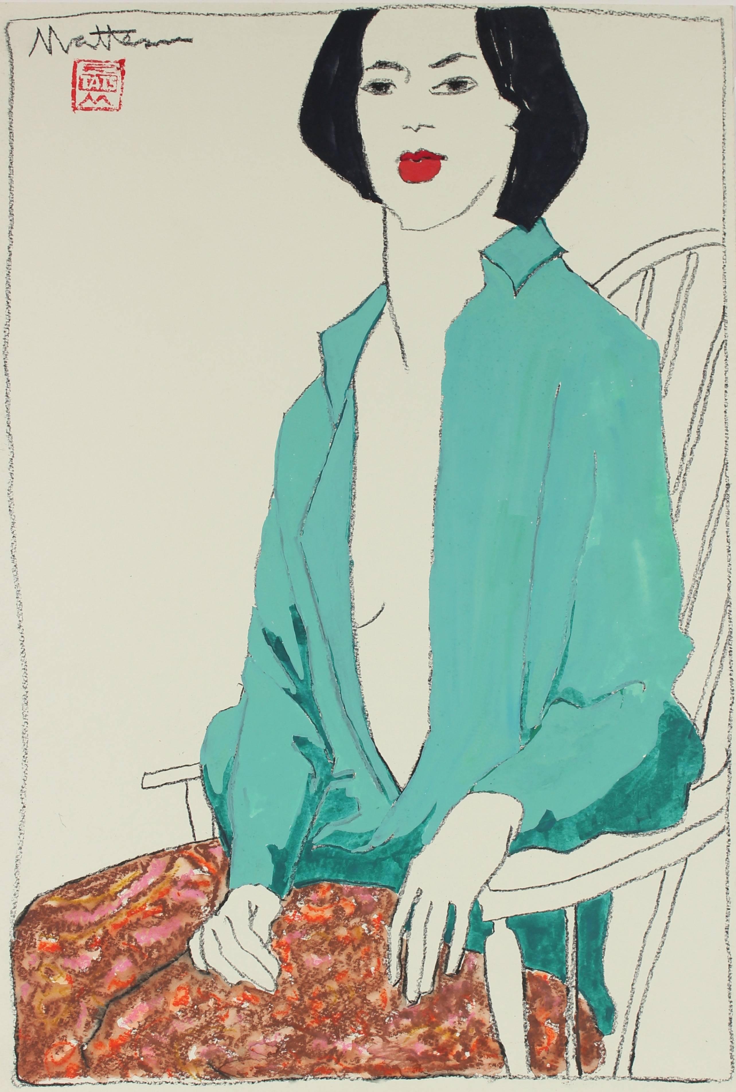 Rip Matteson Figurative Painting - Seated Woman in Teal, Charcoal & Gouache