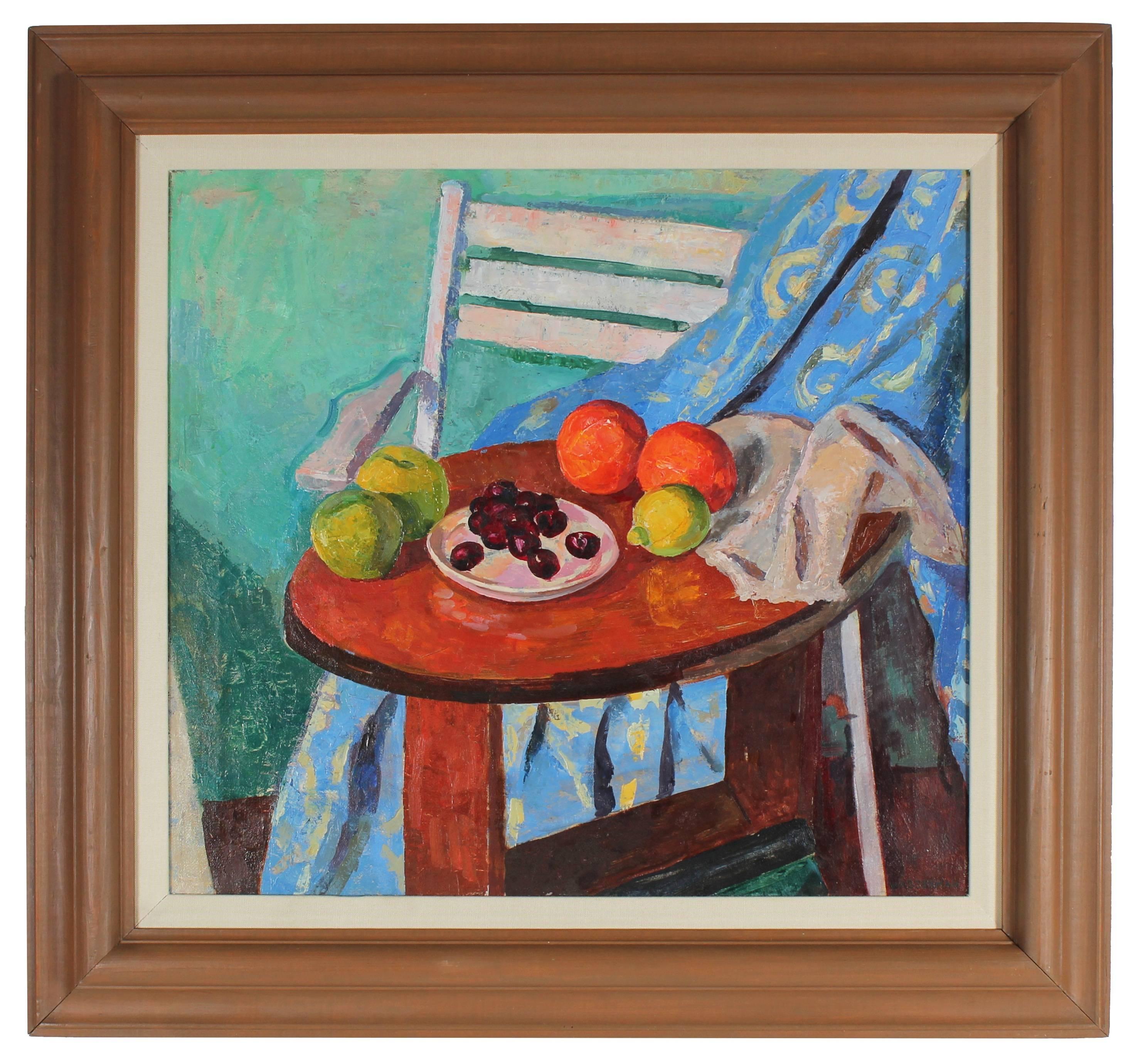 Gerald Wasserman Still-Life Painting - Still Life with Fruit, Oil on Canvas Painting, Mid 20th Century