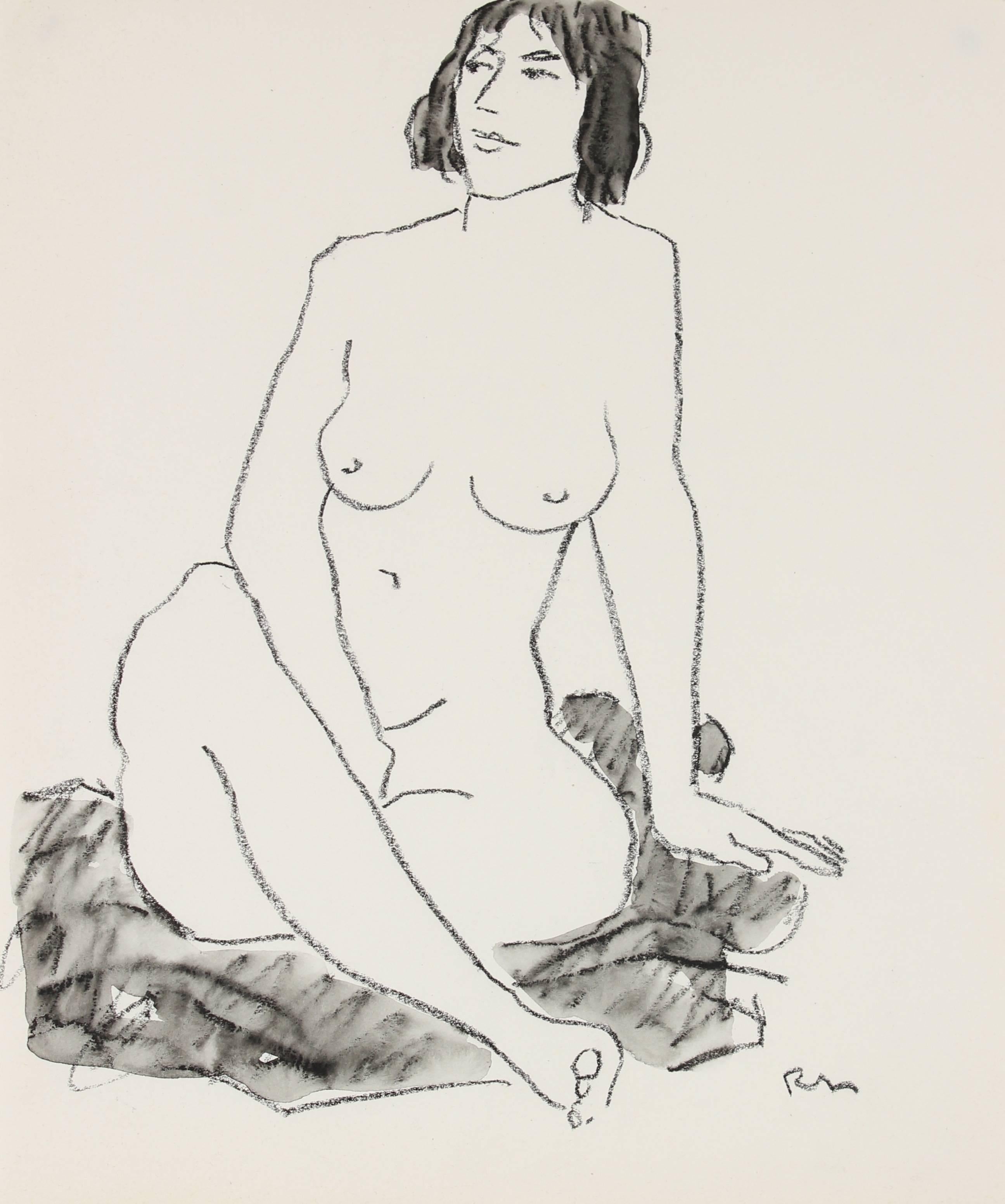 Seated Female Figure in Ink and Charcoal, 20th Century