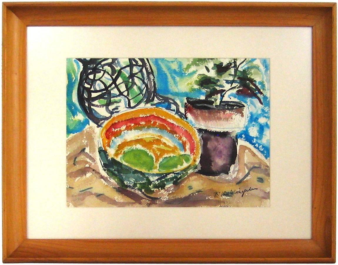 Still Life with Fruit Bowl and Plants, Watercolor Painting, Mid 20th Century