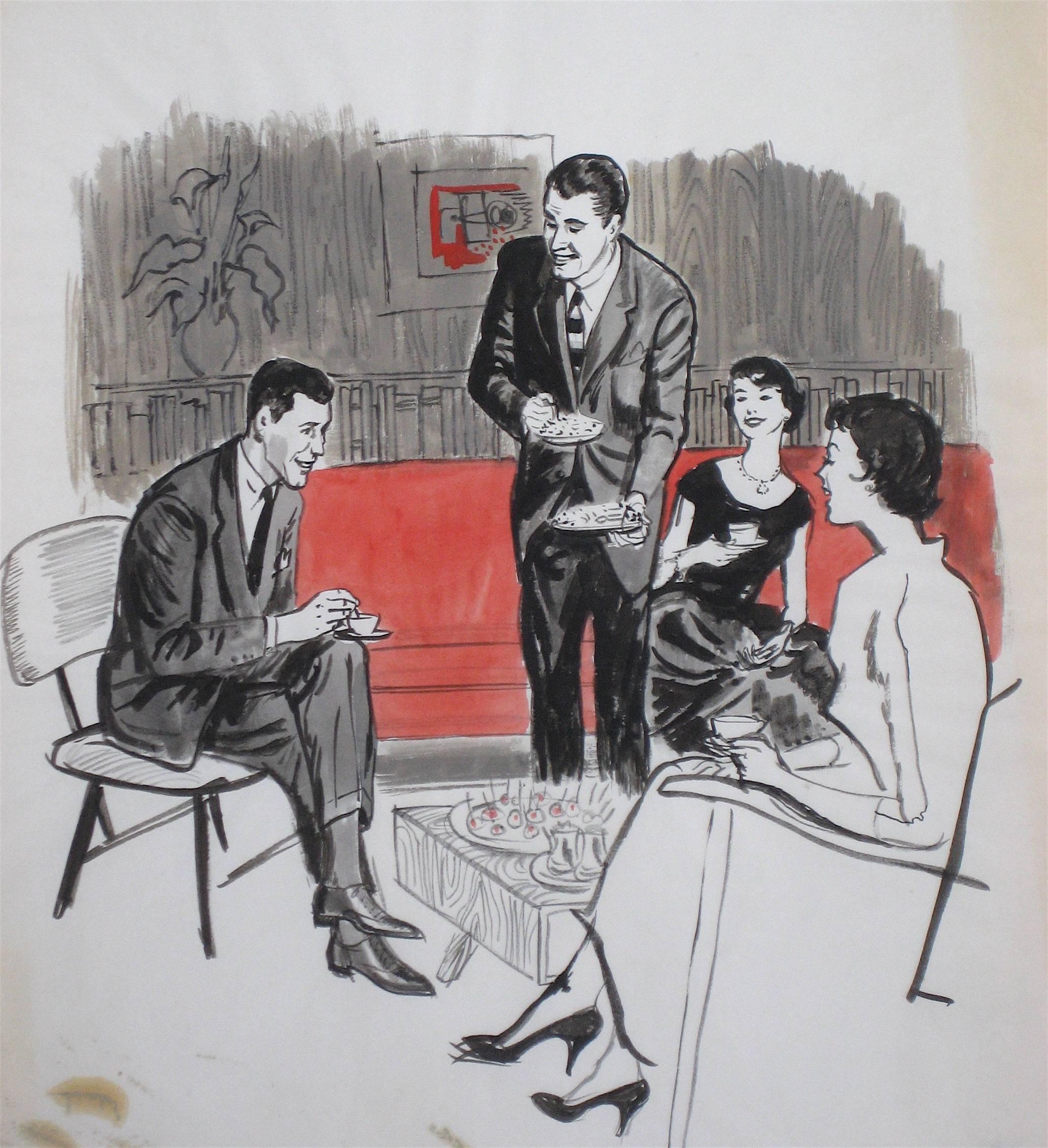Marjorie Ullberg Interior Art - Mid Century Party Scene Illustration