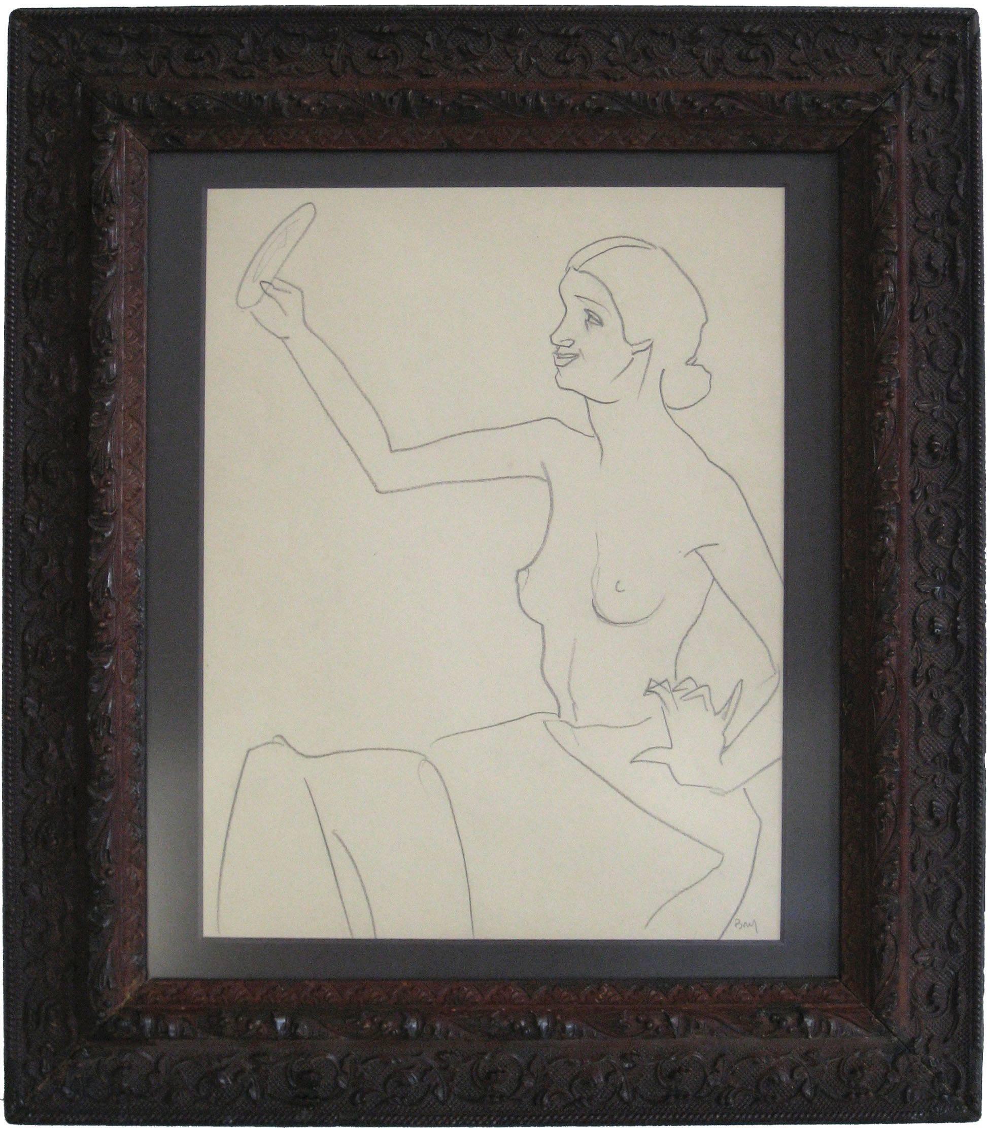 Edith Bry Nude - Seated Figure with Mirror, Graphite on Paper, Circa 1930s