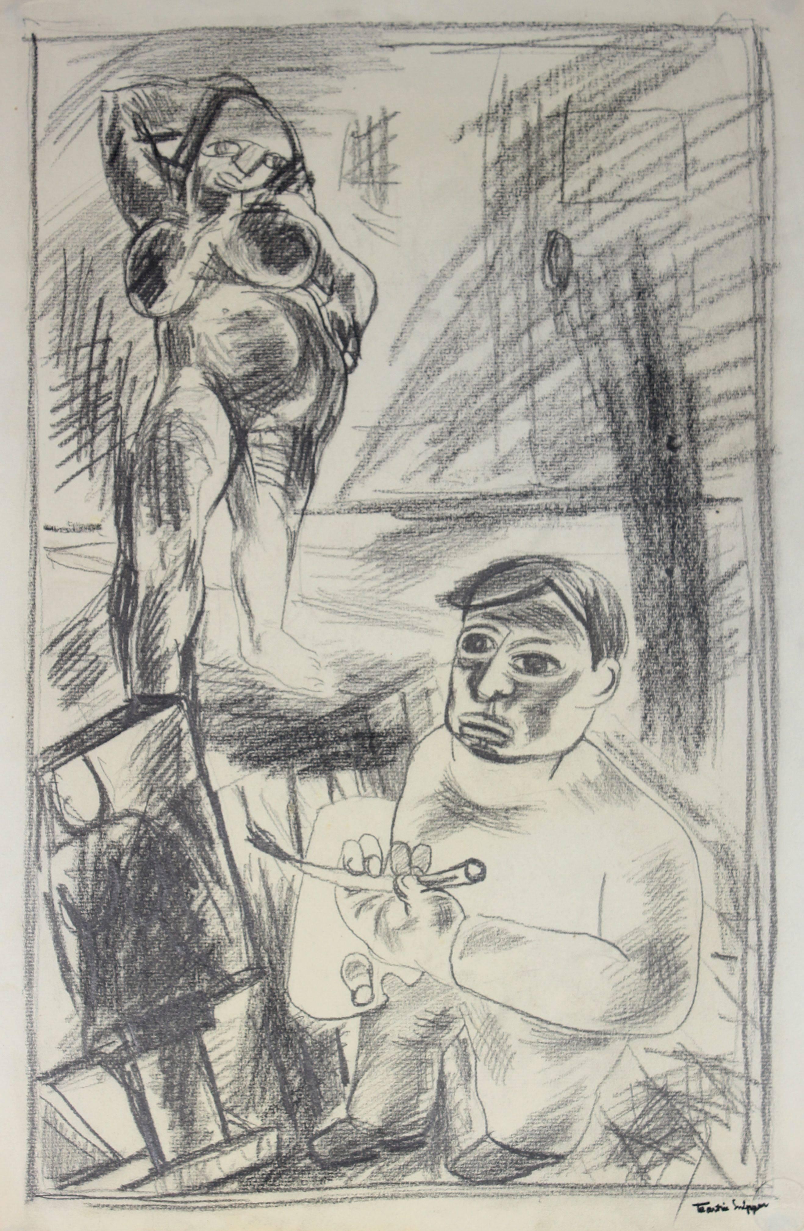 Artist and Model in the Studio, Graphite Drawing, Mid 20th Century